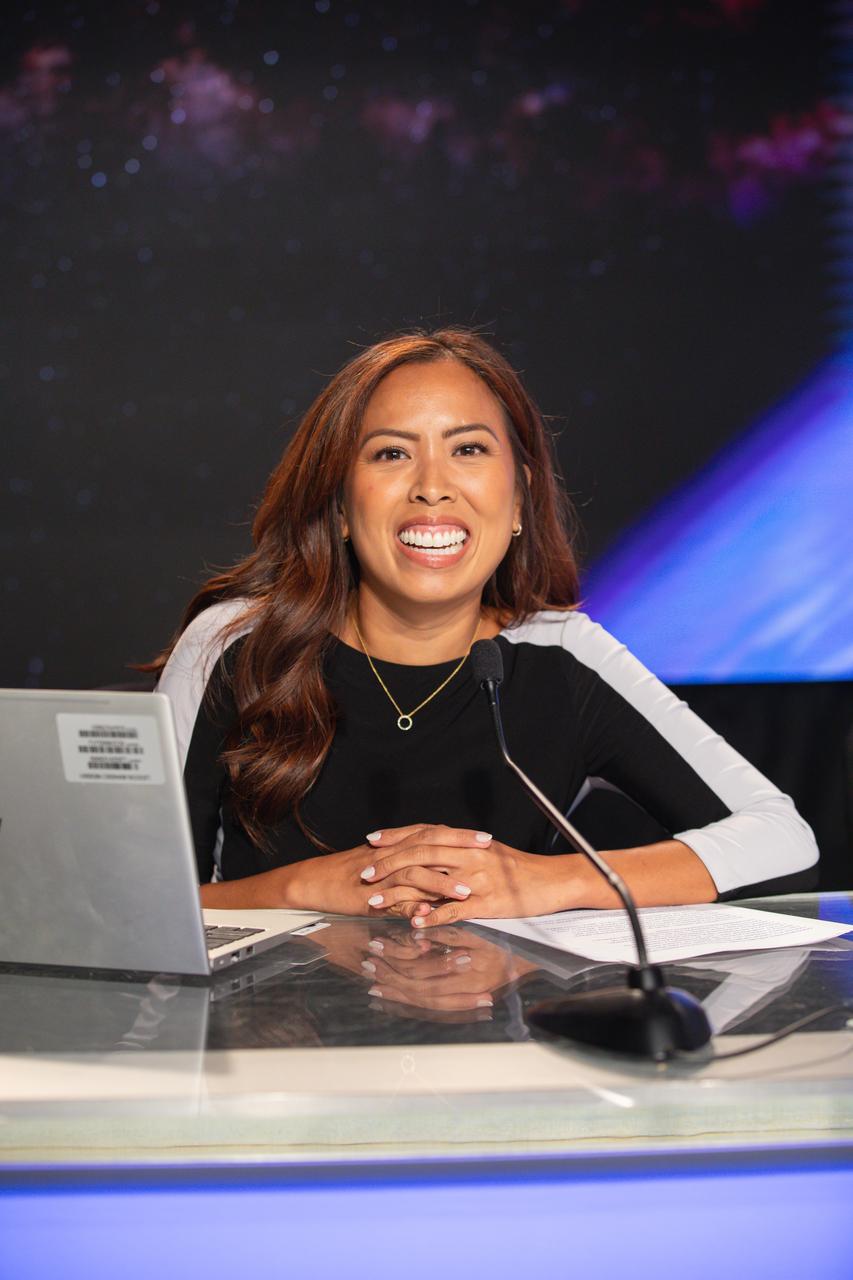 Megan Cruz, NASA Communications, participates in an International Space Station 101 Panel Livestream inside the John Holliman Auditorium of the News Center at NASA’s Kennedy Space Center in Florida on Friday, Sept. 27, 2024, ahead of NASA’s SpaceX Crew-9 mission to the International Space Station. Liftoff of the ninth crew rotation mission with SpaceX to the space station as part of the agency’s Commercial Crew Program is targeted for 1:17 p.m. EDT Sept. 28, 2024, from Space Launch Complex-40 at Cape Canaveral Space Force Station in Florida.