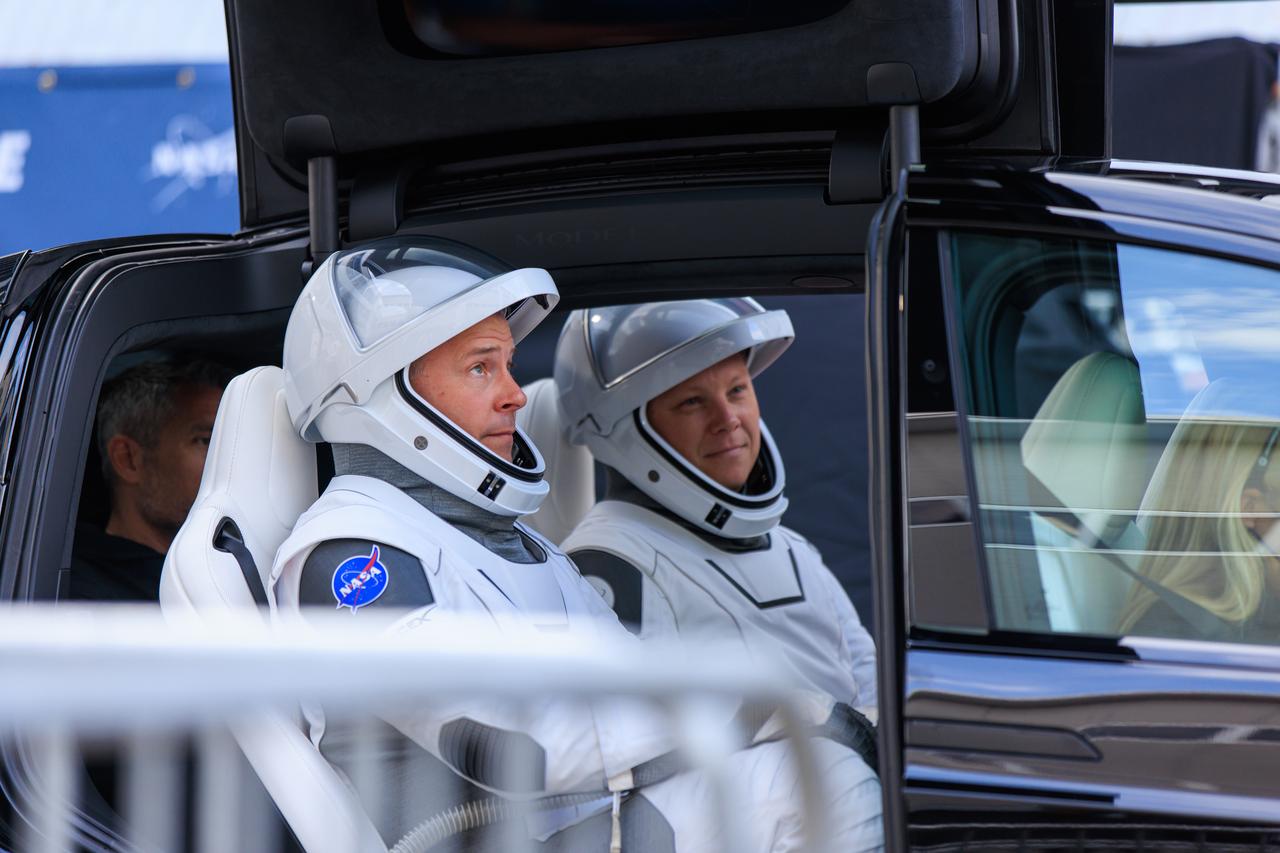 NASA astronaut Nick Hague (left) and Roscosmos cosmonaut Aleksandr Gorbunov make the journey from the Neil A. Armstrong Operations and Checkout Building at the agency’s Kennedy Space Center in Florida to Space Launch Complex-40 at nearby Cape Canaveral Space Force Station ahead of launch on Saturday, Sept. 28, 2024. Hague and Gorbunov will launch to the International Space Station aboard SpaceX’s Dragon spacecraft and Falcon 9 rocket. Launch is targeted for 1:17 p.m. EDT for the ninth crew rotation mission with SpaceX to the space station as part of the agency’s Commercial Crew Program. 