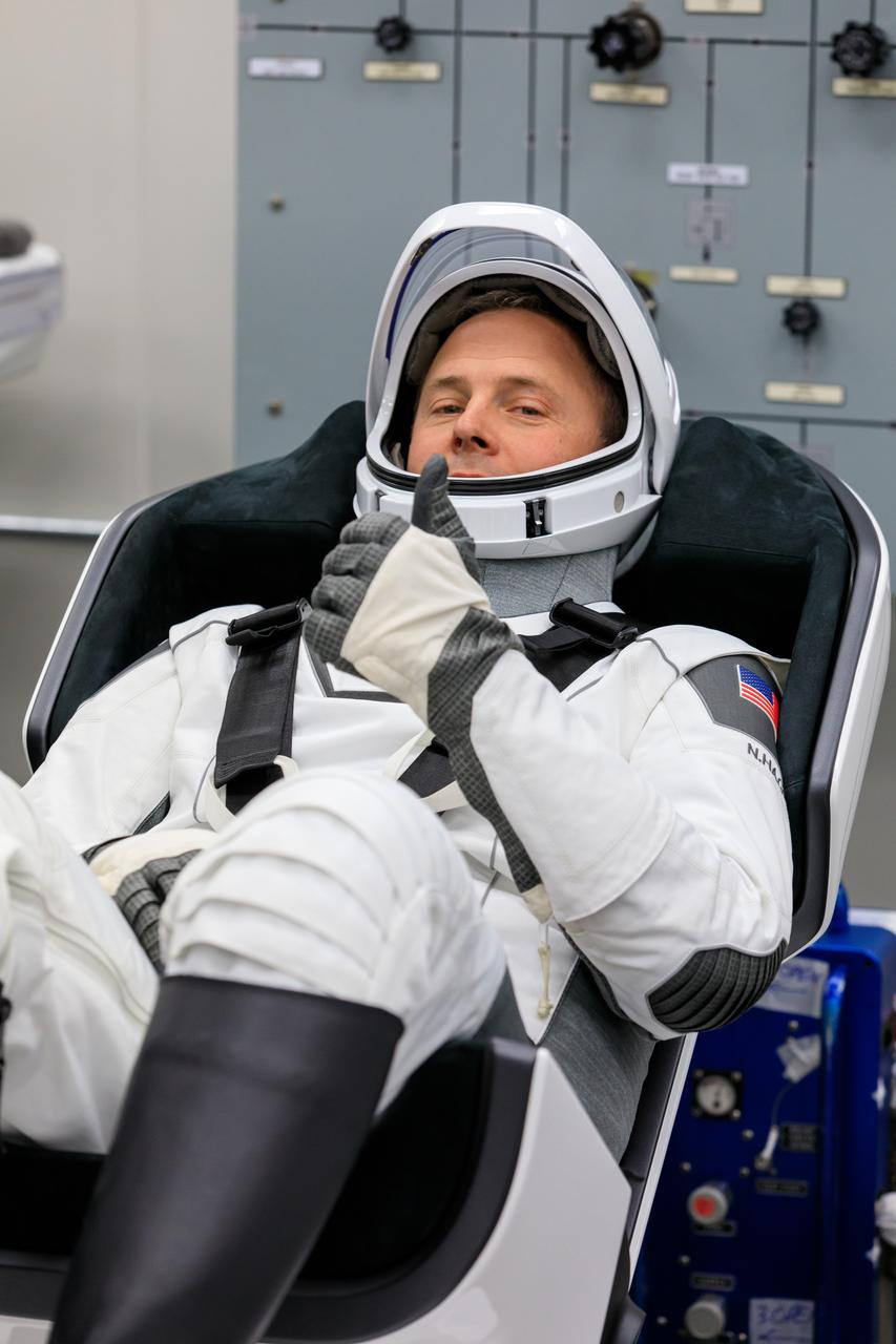 NASA astronaut Nick Hague is photographed in his SpaceX spacesuit inside the crew suit-up room in the Neil A. Armstrong Operations and Checkout Building at the agency’s Kennedy Space Center in Florida ahead of launch of NASA’s SpaceX Crew-9 mission on Saturday, Sept. 28, 2024. Hague and Roscosmos cosmonaut Aleksandr Gorbunov will launch to the International Space Station aboard SpaceX’s Dragon spacecraft and Falcon 9 rocket. Launch is targeted for 1:17 p.m. EDT from Space Launch Complex-40 at Cape Canaveral Space Force Station in Florida. Crew-9 is the ninth crew rotation mission with SpaceX to the space station as part of the agency’s Commercial Crew Program.