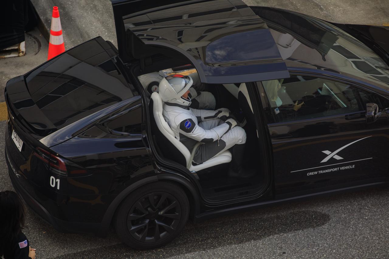 NASA astronaut Nick Hague and Roscosmos cosmonaut Aleksandr Gorbunov make the journey from the Neil A. Armstrong Operations and Checkout Building at the agency’s Kennedy Space Center in Florida to Space Launch Complex-40 at nearby Cape Canaveral Space Force Station ahead of launch on Saturday, Sept. 28, 2024. Hague and Gorbunov will launch to the International Space Station aboard SpaceX’s Dragon spacecraft and Falcon 9 rocket. Launch is targeted for 1:17 p.m. EDT for the ninth crew rotation mission with SpaceX to the space station as part of the agency’s Commercial Crew Program. 