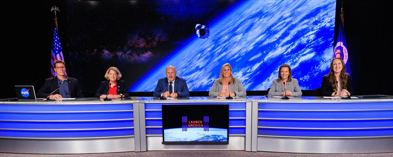 A postlaunch news conference is hosted at the agency’s Kennedy Space Center in Florida on Saturday, Sept. 28, 2024, following the launch of NASA’s SpaceX Crew-9 mission. Participants include Derrol Nail, NASA Communications; NASA Deputy Administrator Pam Melroy; Ken Bowersox, associate administrator, NASA’s Space Operations Mission Directorate; Dana Hutcherson, deputy manager, NASA’s Commercial Crew Program; Dina Contella, deputy manager, NASA’s International Space Station Program; Sarah Walker, director, Dragon Mission Management, SpaceX. NASA astronaut Nick Hague and Roscosmos cosmonaut Aleksandr Gorbunov launched to the International Space Station aboard SpaceX’s Dragon spacecraft and Falcon 9 rocket from nearby Space Launch Complex-40 at Cape Canaveral Space Force Station at 1:17 p.m. EDT on the ninth crew rotation mission with SpaceX to the space station as part of the agency’s Commercial Crew Program.