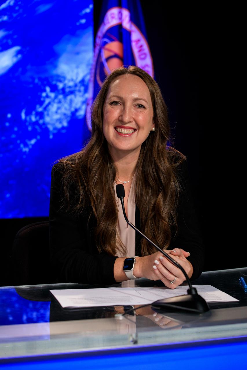 Sarah Walker, director of Dragon Mission Management at SpaceX, participates in a postlaunch news conference at the agency’s Kennedy Space Center in Florida on Saturday, Sept. 28, 2024, following the launch of NASA’s SpaceX Crew-9 mission to the International Space Station. NASA astronaut Nick Hague and Roscosmos cosmonaut Aleksandr Gorbunov launched aboard SpaceX’s Dragon spacecraft and Falcon 9 rocket from nearby Space Launch Complex-40 at Cape Canaveral Space Force Station at 1:17 p.m. EDT on the ninth crew rotation mission with SpaceX to the space station as part of the agency’s Commercial Crew Program.
