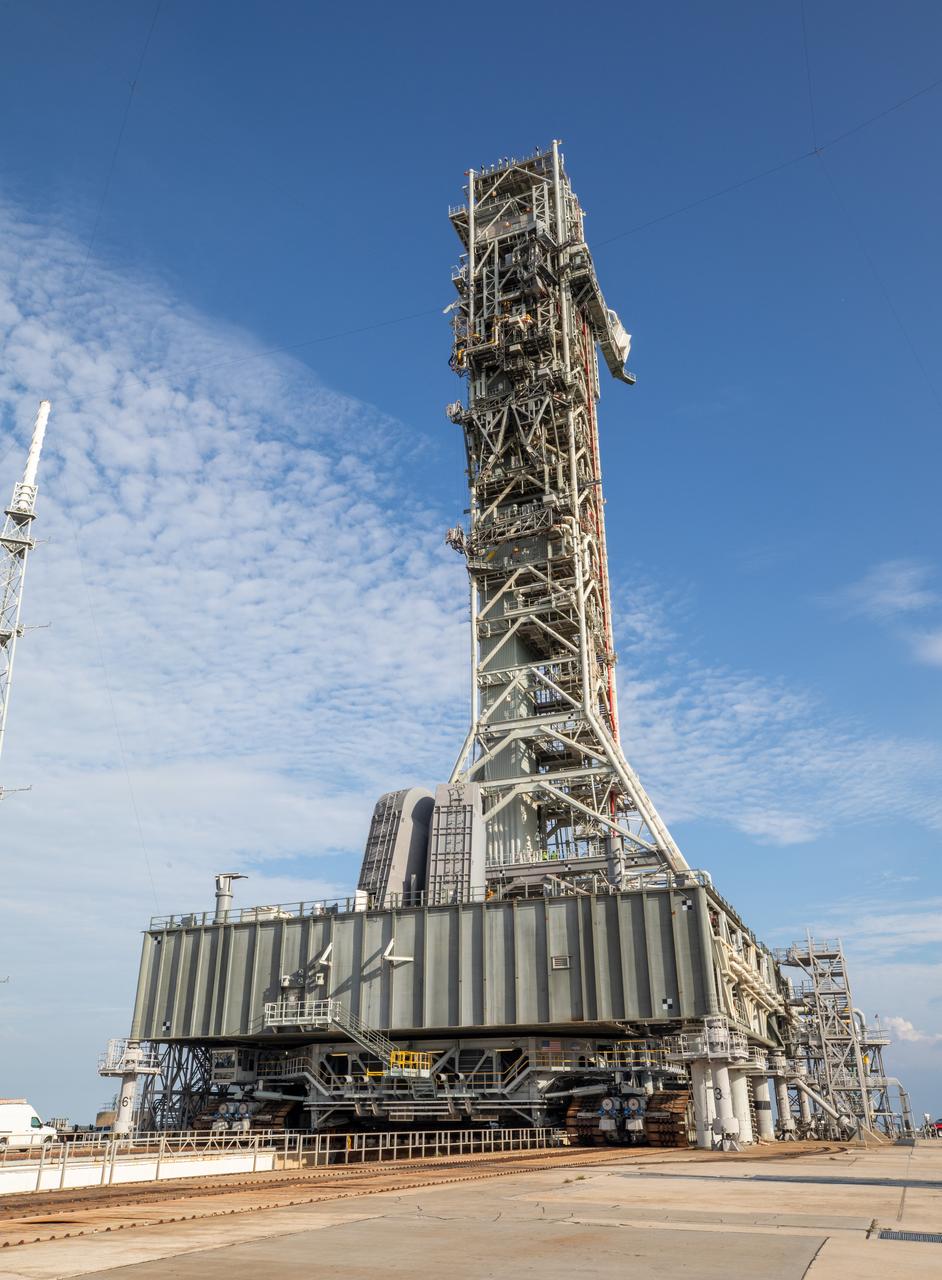 Teams with NASA’s Exploration Ground Systems Program at the agency’s Kennedy Space Center in Florida prepare to move mobile launcher 1 atop the agency’s crawler-transporter 2 from Launch Complex 39B to the Vehicle Assembly Building on Tuesday, Oct. 1, 2024. The crawler recently reached 2,500 miles traveling to the launch pad since its construction in 1965. The mobile launcher has been at the launch pad since August 2023 undergoing upgrades and tests in preparation for NASA’s Artemis II mission. The mobile launcher will be used to assemble, process, and launch NASA’s SLS (Space Launch System) and Orion spacecraft to the Moon and beyond. 