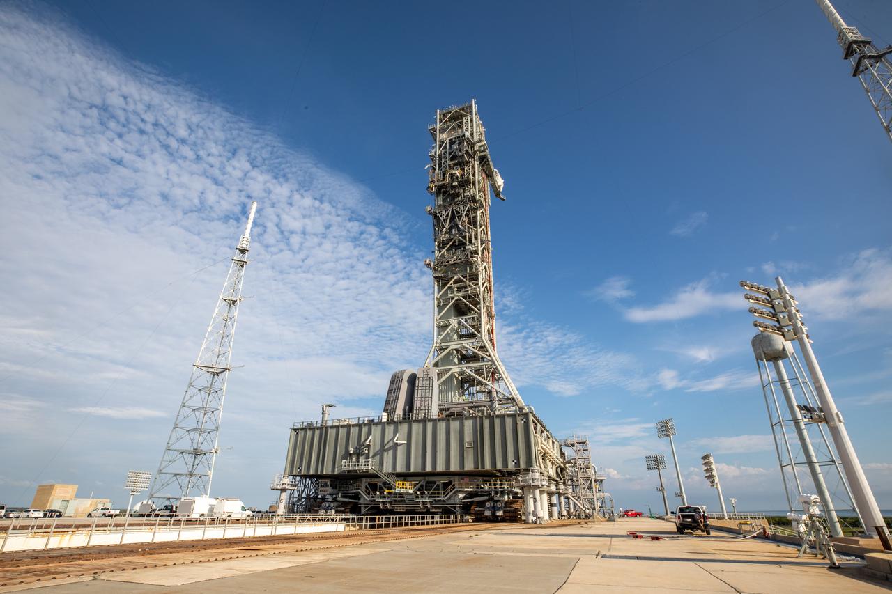 Teams with NASA’s Exploration Ground Systems Program at the agency’s Kennedy Space Center in Florida prepare to move mobile launcher 1 atop the agency’s crawler-transporter 2 from Launch Complex 39B to the Vehicle Assembly Building on Tuesday, Oct. 1, 2024. The crawler recently reached 2,500 miles traveling to the launch pad since its construction in 1965. The mobile launcher has been at the launch pad since August 2023 undergoing upgrades and tests in preparation for NASA’s Artemis II mission. The mobile launcher will be used to assemble, process, and launch NASA’s SLS (Space Launch System) and Orion spacecraft to the Moon and beyond. 