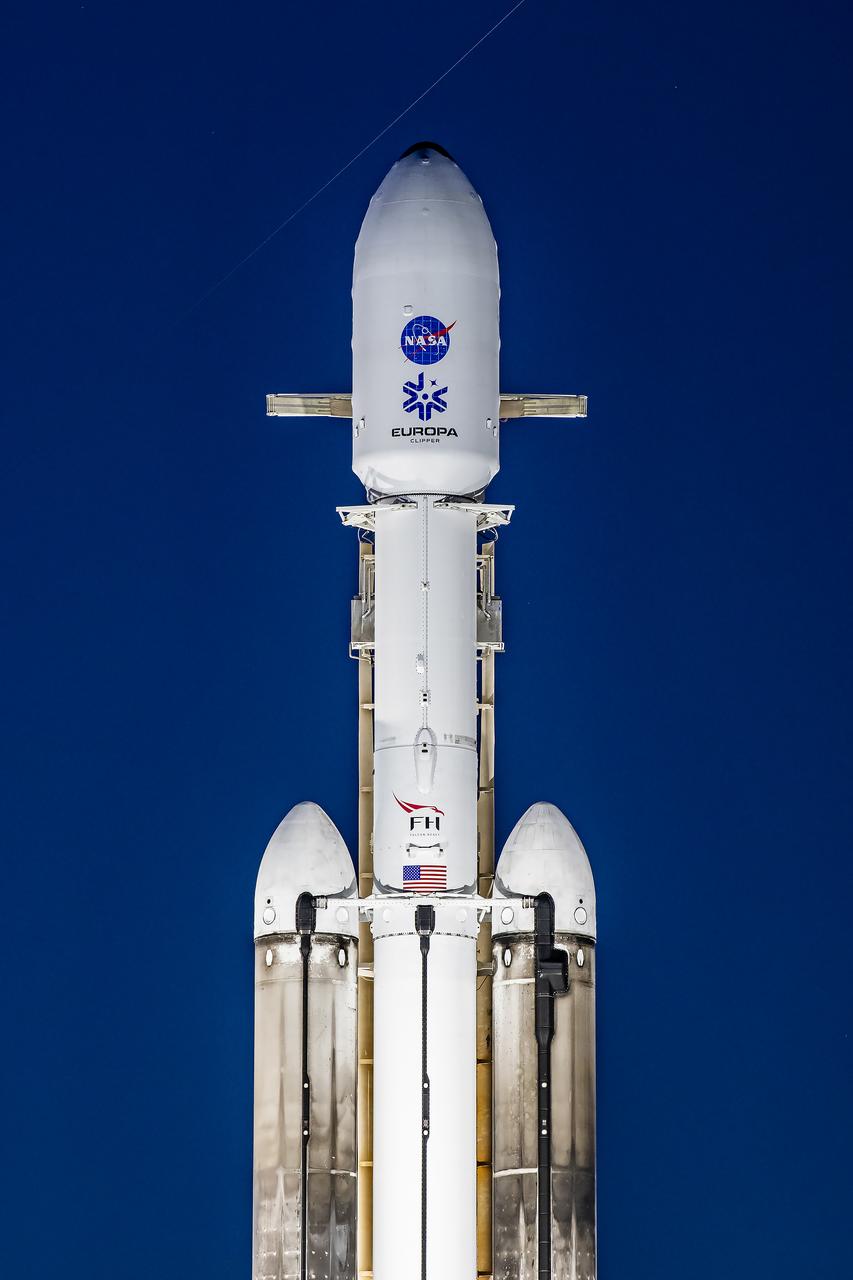 NASA’s Europa Clipper spacecraft sits atop SpaceX’s Falcon Heavy rocket at Launch Pad 39A on Sunday, Oct. 13, 2024, at the agency’s Kennedy Space Center in Florida ahead of launch to Jupiter’s icy moon, Europa. The spacecraft will complete nearly 50 flybys of Europa to determine if there are conditions suitable for life beyond Earth. Launch is targeting 12:06 p.m. EDT on Monday, Oct. 14, from Launch Complex 39A at Kennedy Space Center in Florida.