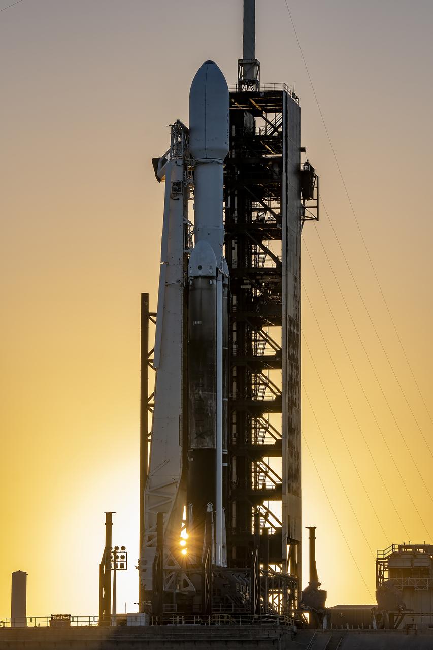 Europa Clipper spacecraft sits atop SpaceX’s Falcon Heavy rocket at Launch Complex 39A on Sunday, Oct. 13, 2024, at the agency’s Kennedy Space Center in Florida ahead of launch to Jupiter’s icy moon, Europa. The spacecraft will complete nearly 50 flybys of Europa to determine if there are conditions suitable for life beyond Earth.