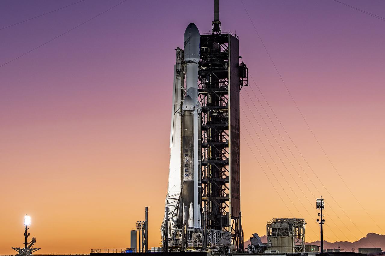 Europa Clipper spacecraft sits atop SpaceX’s Falcon Heavy rocket at Launch Complex 39A on Sunday, Oct. 13, 2024, at the agency’s Kennedy Space Center in Florida ahead of launch to Jupiter’s icy moon, Europa. The spacecraft will complete nearly 50 flybys of Europa to determine if there are conditions suitable for life beyond Earth. 