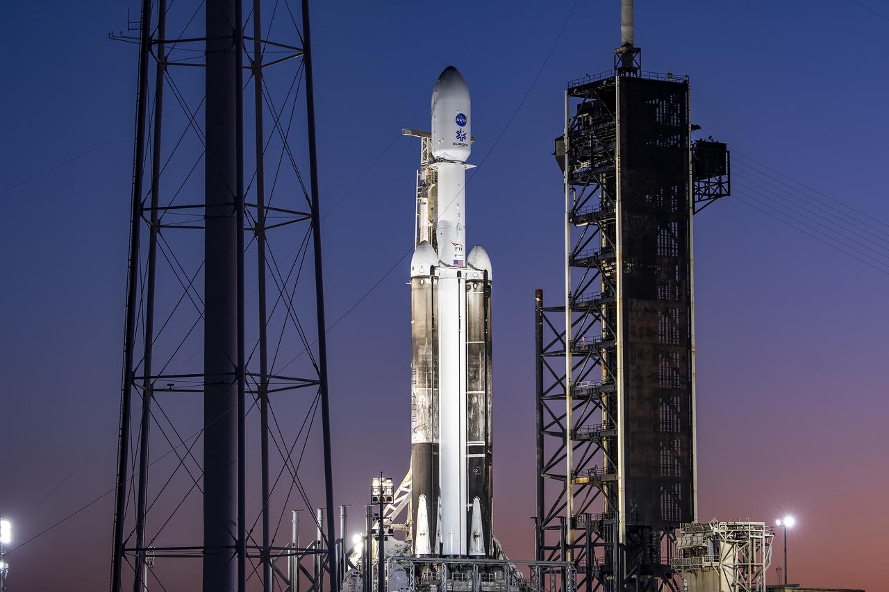Europa Clipper spacecraft sits atop SpaceX’s Falcon Heavy rocket at Launch Complex 39A on Sunday, Oct. 13, 2024, at the agency’s Kennedy Space Center in Florida ahead of launch to Jupiter’s icy moon, Europa. The spacecraft will complete nearly 50 flybys of Europa to determine if there are conditions suitable for life beyond Earth.