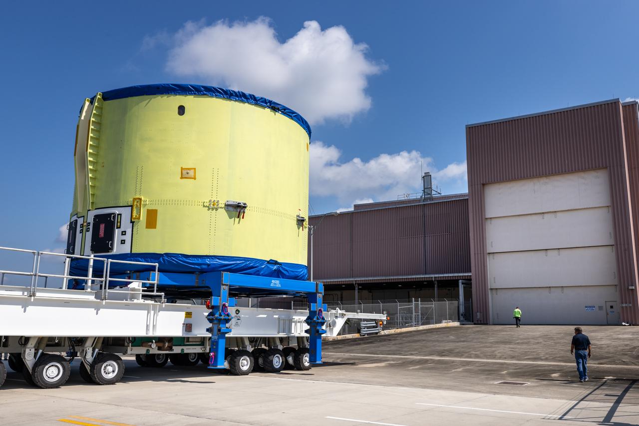 The engine section of NASA’s Artemis IV SLS (Space Launch System) core stage arrives at the Space Systems Processing Facility (SSPF) at NASA’s Kennedy Space Center in Florida on Tuesday, Oct. 15, 2024, after being transported from the spaceport’s Vehicle Assembly Building. NASA’s Pegasus barge delivered the core stage engine section housing the four RS-25 engines from NASA’s Michoud Assembly Facility in New Orleans, Louisiana to NASA Kennedy on Thursday, Sept. 5, 2024. The engine section is one the most complex and intricate parts of the rocket stage that will help power the Artemis missions to the Moon. 