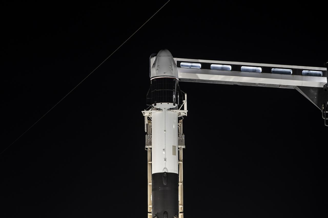 A SpaceX Falcon 9 rocket, with the company’s Dragon spacecraft atop, stands in a vertical position at Launch Complex 39A at NASA’s Kennedy Space Center in Florida on Monday, Nov. 4, 2024, in preparation for the 31st commercial resupply services launch to the International Space Station. Dragon will deliver several new experiments, including the Coronal Diagnostic Experiment, to examine solar wind and how it forms. Dragon also delivers Antarctic moss to observe the combined effects of cosmic radiation and microgravity on plants. Other investigations aboard include a device to test cold welding of metals in microgravity, and an investigation that studies how space impacts different materials. Liftoff is scheduled for 9:29 p.m. EST on Monday, Nov. 4.