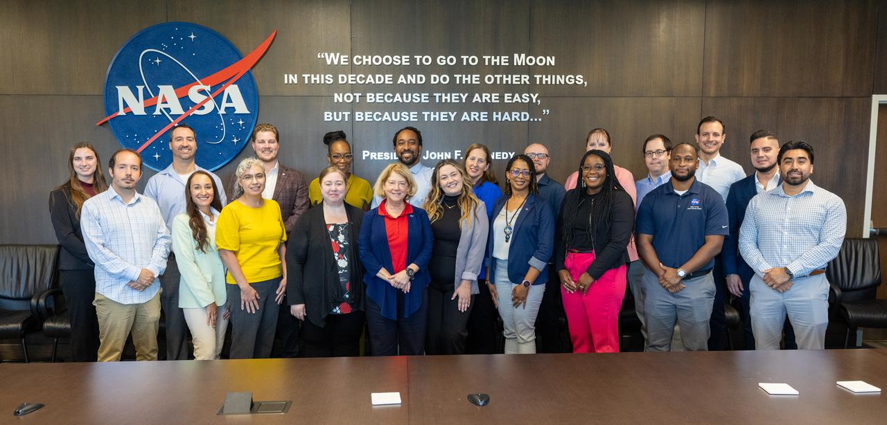 NASA Deputy Administrator Pam Melroy (front center left) discusses NASA 2040, the agency's strategic initiative for aligning workforce, infrastructure, and technologies to meet the needs of the future, on Nov. 13, 2024, with various groups of employees at the agency's Kennedy Space Center in Florida.