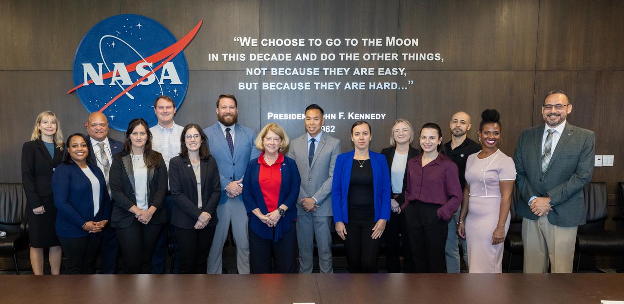 NASA Deputy Administrator Pam Melroy (front center left) discusses NASA 2040, the agency's strategic initiative for aligning workforce, infrastructure, and technologies to meet the needs of the future, on Nov. 13, 2024, with various groups of employees at the agency's Kennedy Space Center in Florida.