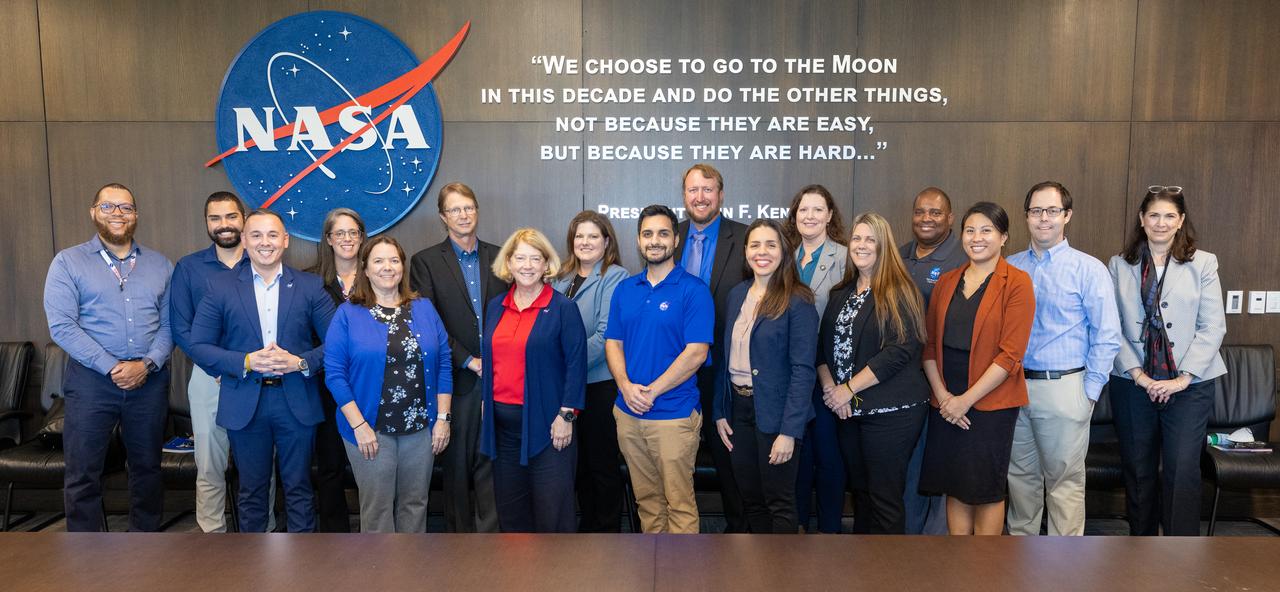 NASA Deputy Administrator Pam Melroy (front third from left) discusses NASA 2040, the agency's strategic initiative for aligning workforce, infrastructure, and technologies to meet the needs of the future, on Nov. 13, 2024, with various groups of employees at the agency's Kennedy Space Center in Florida.