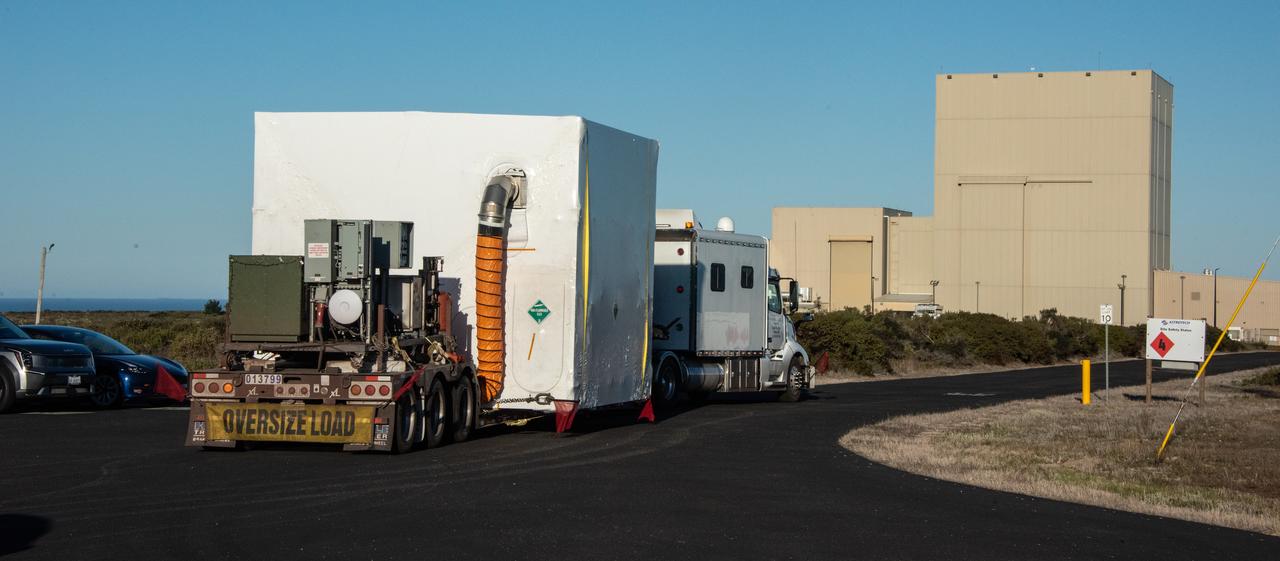 A transport truck carrying NASA’s SPHEREx (Spectro-Photometer for the History of the Universe, Epoch of Reionization and Ices Explorer), a space telescope, arrives at Vandenberg Space Force Base in California on Tuesday, Jan. 14, 2025. SPHEREx will enter a polar orbit around Earth and create a 3D map of the entire sky, gathering information about millions of galaxies for scientists to study what happened after the big bang, the history of galaxy evolution, and the origins of water in planetary systems in our galaxy. SPHEREx will launch aboard a SpaceX Falcon 9 rocket in late February 2025.