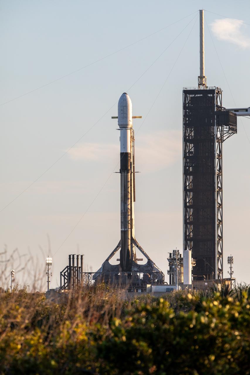 A SpaceX Falcon 9 rocket carrying Firefly Aerospace’s Blue Ghost Mission One lander prepares for a launch to the Moon on Tuesday, Jan. 14, 2025 from Launch Complex 39A at the agency’s Kennedy Space Center in Florida as part of NASA’s CLPS (Commercial Lunar Payload Services) initiative. The Blue Ghost lander will carry 10 NASA science and technology instruments to the lunar surface to further understand the Moon and help prepare for future human missions. Liftoff is targeted for 1:11 a.m. EST.