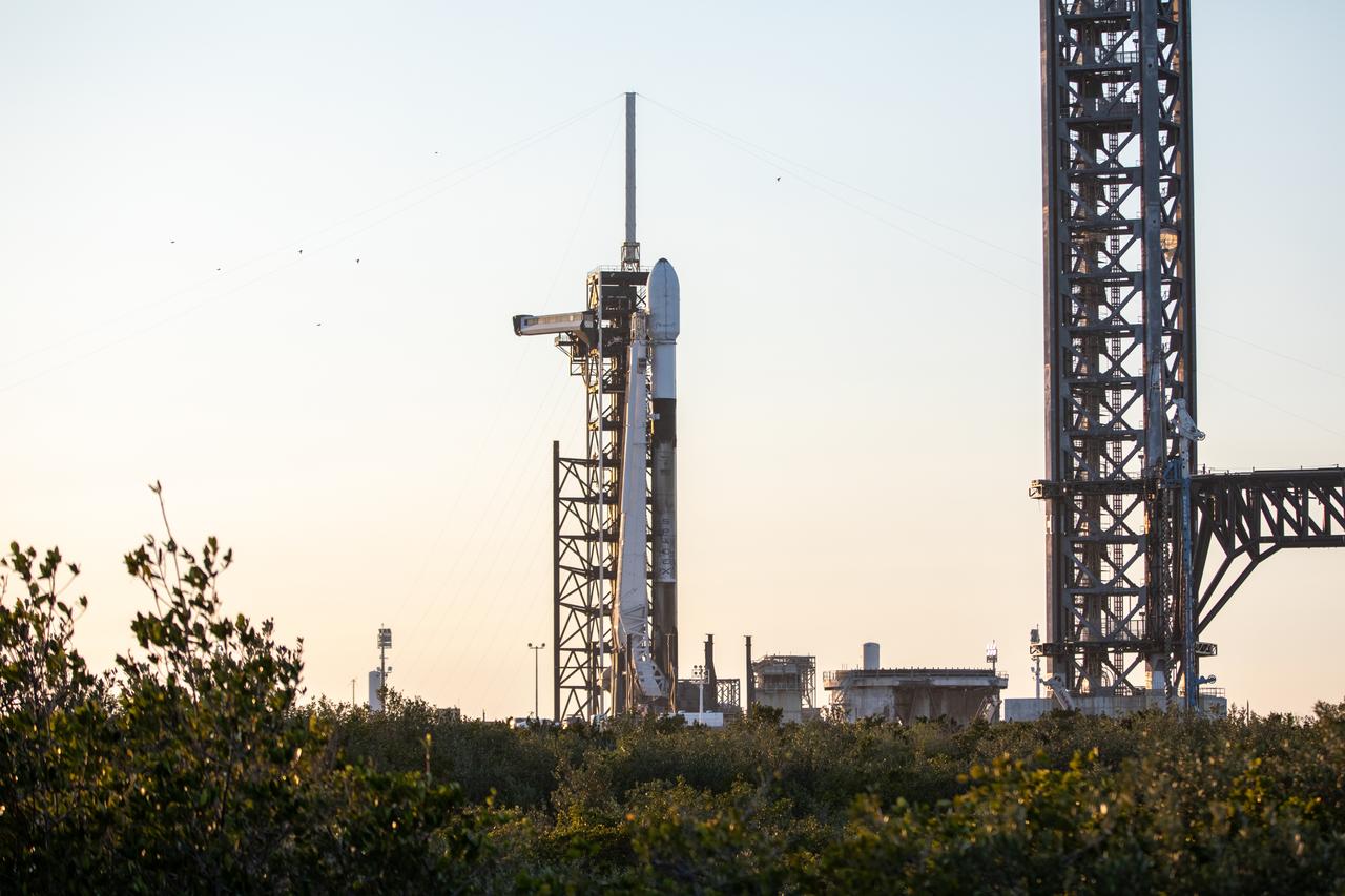 A SpaceX Falcon 9 rocket carrying Firefly Aerospace’s Blue Ghost Mission One lander prepares for a launch to the Moon on Tuesday, Jan. 14, 2025 from Launch Complex 39A at the agency’s Kennedy Space Center in Florida as part of NASA’s CLPS (Commercial Lunar Payload Services) initiative. The Blue Ghost lander will carry 10 NASA science and technology instruments to the lunar surface to further understand the Moon and help prepare for future human missions. Liftoff is targeted for 1:11 a.m. EST.