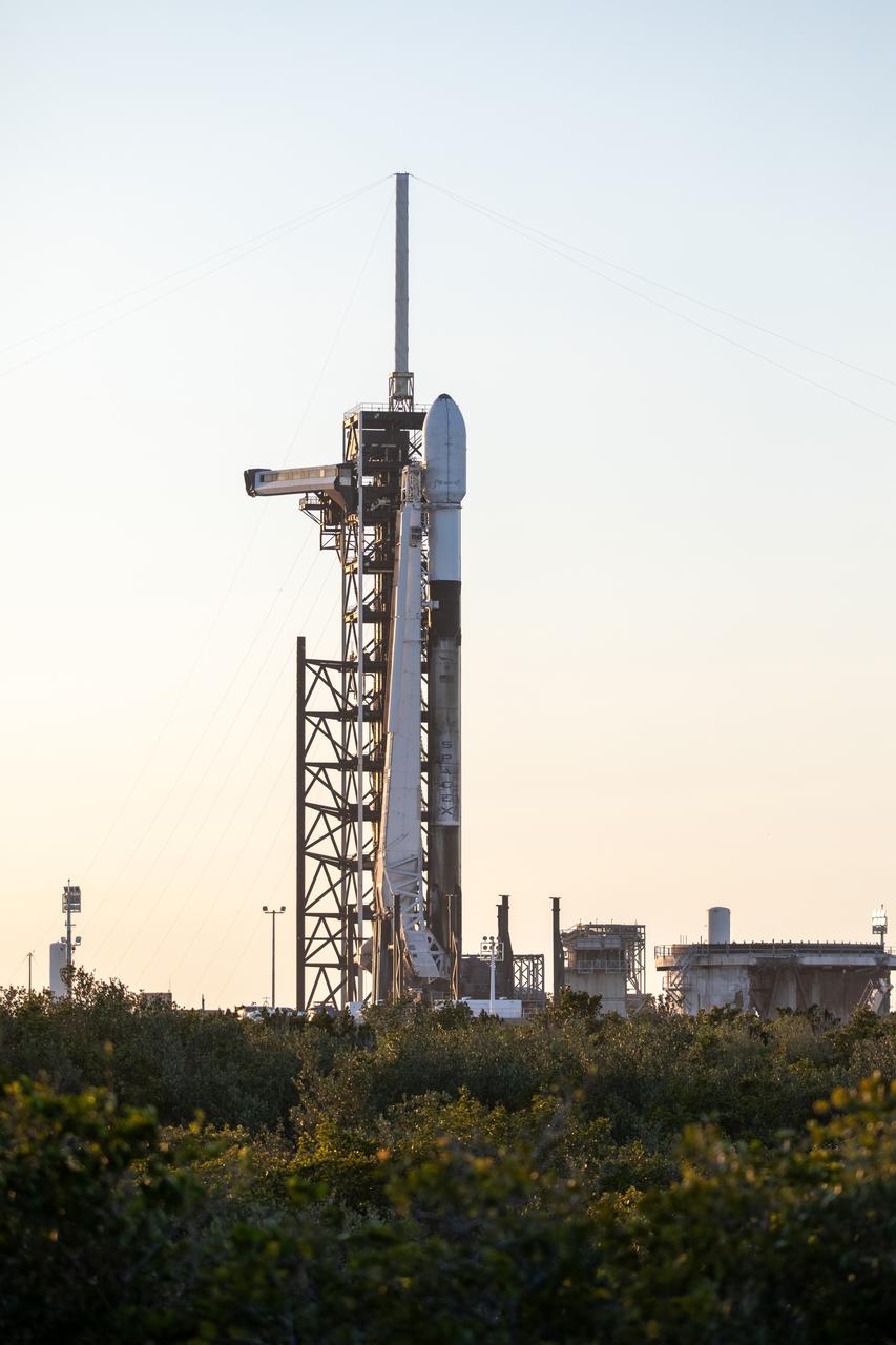 A SpaceX Falcon 9 rocket carrying Firefly Aerospace’s Blue Ghost Mission One lander prepares for a launch to the Moon on Tuesday, Jan. 14, 2025 from Launch Complex 39A at the agency’s Kennedy Space Center in Florida as part of NASA’s CLPS (Commercial Lunar Payload Services) initiative. The Blue Ghost lander will carry 10 NASA science and technology instruments to the lunar surface to further understand the Moon and help prepare for future human missions. Liftoff is targeted for 1:11 a.m. EST.