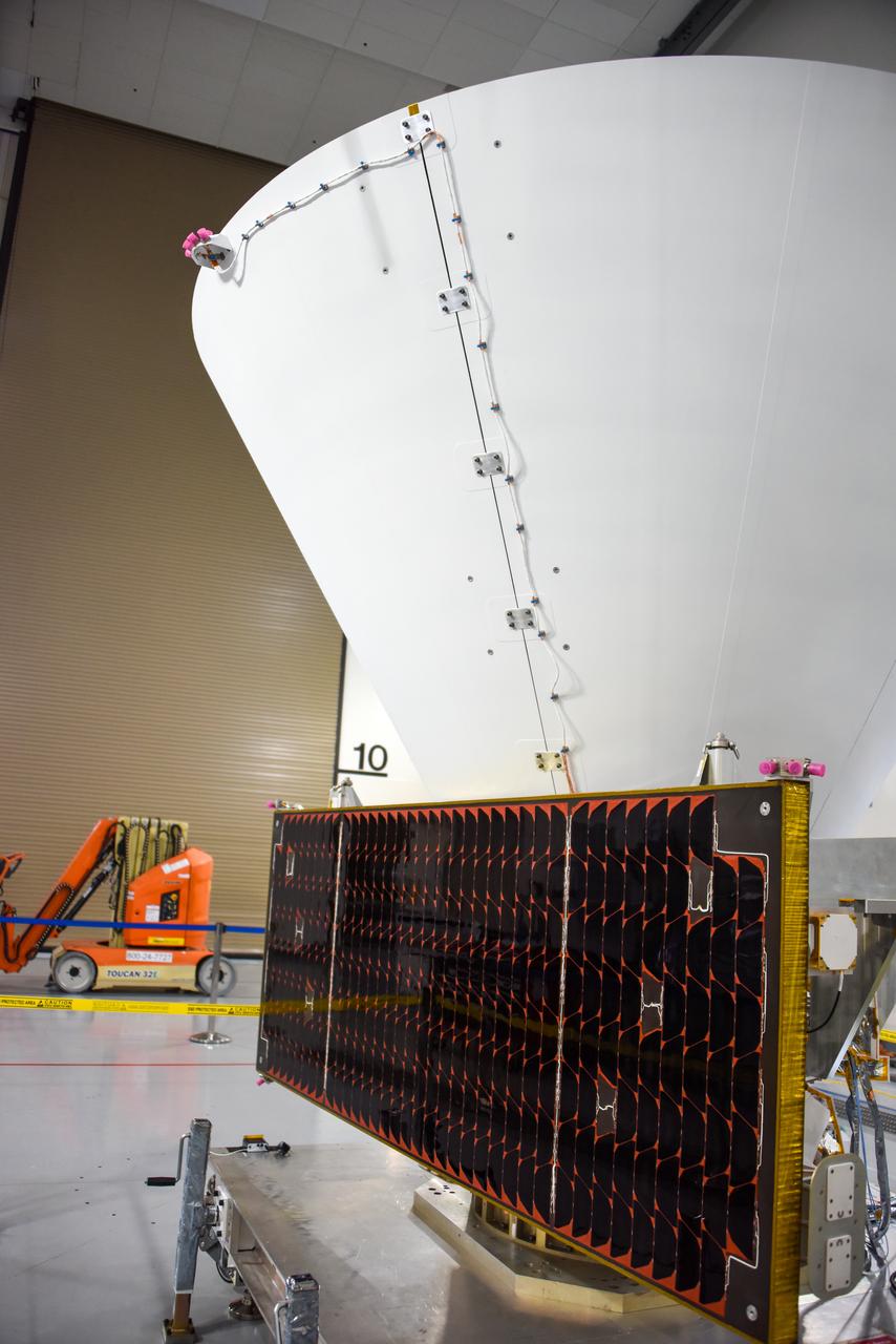 NASA’s SPHEREx (Spectro-Photometer for the History of the Universe, Epoch of Reionization and Ices Explorer), a space telescope, is situated on a work stand ahead of prelaunch operations at the Astrotech Processing Facility at Vandenberg Space Force Base in California on Friday, Jan. 17, 2025. SPHEREx will enter a polar orbit around Earth and create a 3D map of the entire sky, gathering information about millions of galaxies for scientists to study what happened after the big bang, the history of galaxy evolution, and the origins of water in planetary systems in our galaxy. SPHEREx will launch aboard a SpaceX Falcon 9 rocket in late February 2025.