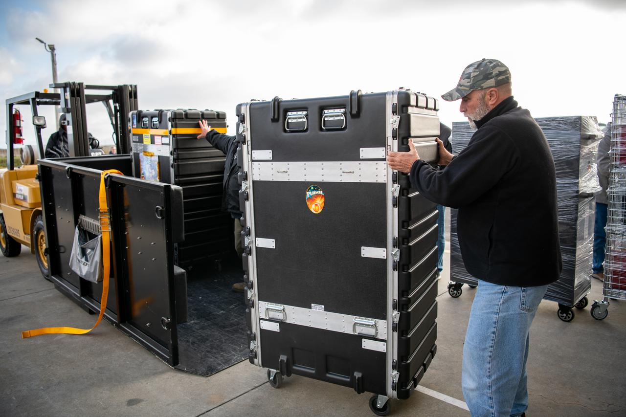 Teams at Vandenberg Space Force Base in California offload several shipping containers protecting NASA’s PUNCH (Polarimeter to Unify the Corona and Heliosphere) satellites on Saturday, Jan. 18, 2025. PUNCH will make 3D observations of the Sun’s corona to learn how the mass and energy becomes solar wind. PUNCH, along with NASA’s SPHEREx (Spectro-Photometer for the History of the Universe, Epoch of Reionization and Ices Explorer), a space telescope, will launch aboard a SpaceX Falcon 9 rocket in late February 2025.