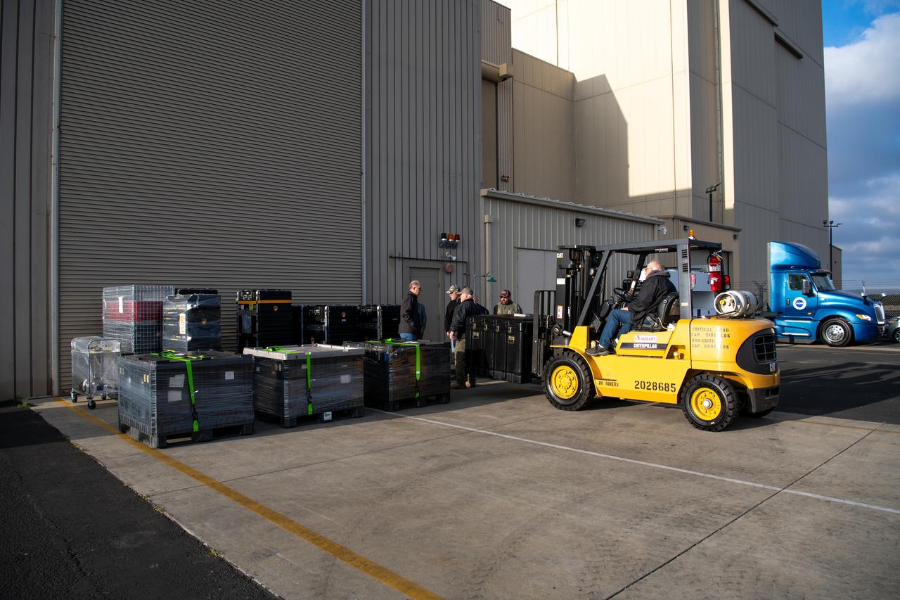 Teams at Vandenberg Space Force Base in California offload several shipping containers protecting NASA’s PUNCH (Polarimeter to Unify the Corona and Heliosphere) satellites on Saturday, Jan. 18, 2025. PUNCH will make 3D observations of the Sun’s corona to learn how the mass and energy becomes solar wind. PUNCH, along with NASA’s SPHEREx (Spectro-Photometer for the History of the Universe, Epoch of Reionization and Ices Explorer), a space telescope, will launch aboard a SpaceX Falcon 9 rocket in late February 2025.