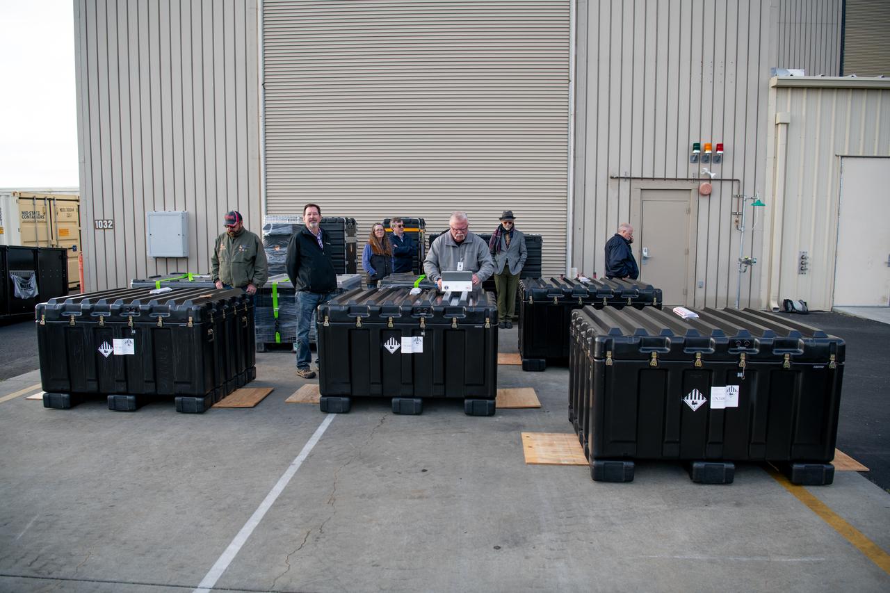NASA’s four PUNCH (Polarimeter to Unify the Corona and Heliosphere) satellites arrive at Astrotech Space Operations located inside Vandenberg Space Force Base in California on Saturday, Jan. 18, 2025. The four satellites of PUNCH will make 3D observations of the Sun’s corona to learn how the mass and energy becomes solar wind. PUNCH, along with NASA’s SPHEREx (Spectro-Photometer for the History of the Universe, Epoch of Reionization and Ices Explorer), a space telescope, will launch aboard a SpaceX Falcon 9 rocket in late February 2025.
