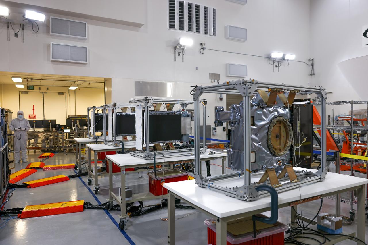 Crews conduct a solar array deployment test on the spacecraft of NASA’s PUNCH (Polarimeter to Unify the Corona and Heliosphere) satellites at Astrotech Space Operations located on Vandenberg Space Force Base in California on Tuesday, Jan. 21, 2025. The four satellites of PUNCH will make 3D observations of the Sun’s corona to learn how the mass and energy becomes solar wind. PUNCH, along with NASA’s SPHEREx (Spectro-Photometer for the History of the Universe, Epoch of Reionization and Ices Explorer), a space telescope, will launch aboard a SpaceX Falcon 9 rocket in late February 2025.