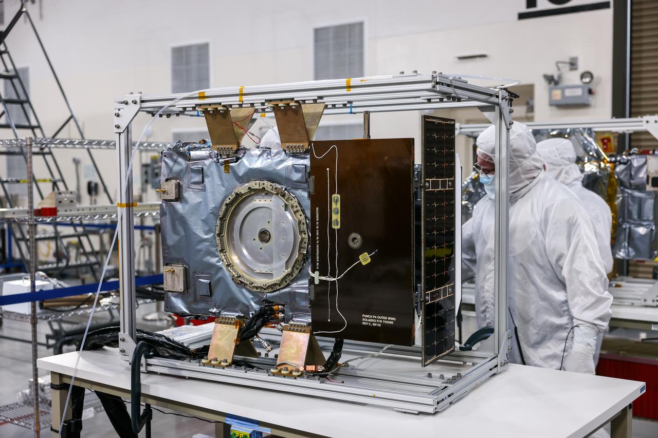 Crews conduct a solar array deployment test on the spacecraft of NASA’s PUNCH (Polarimeter to Unify the Corona and Heliosphere) satellites at Astrotech Space Operations located on Vandenberg Space Force Base in California on Tuesday, Jan. 21, 2025. The four satellites of PUNCH will make 3D observations of the Sun’s corona to learn how the mass and energy becomes solar wind. PUNCH, along with NASA’s SPHEREx (Spectro-Photometer for the History of the Universe, Epoch of Reionization and Ices Explorer), a space telescope, will launch aboard a SpaceX Falcon 9 rocket in late February 2025.
