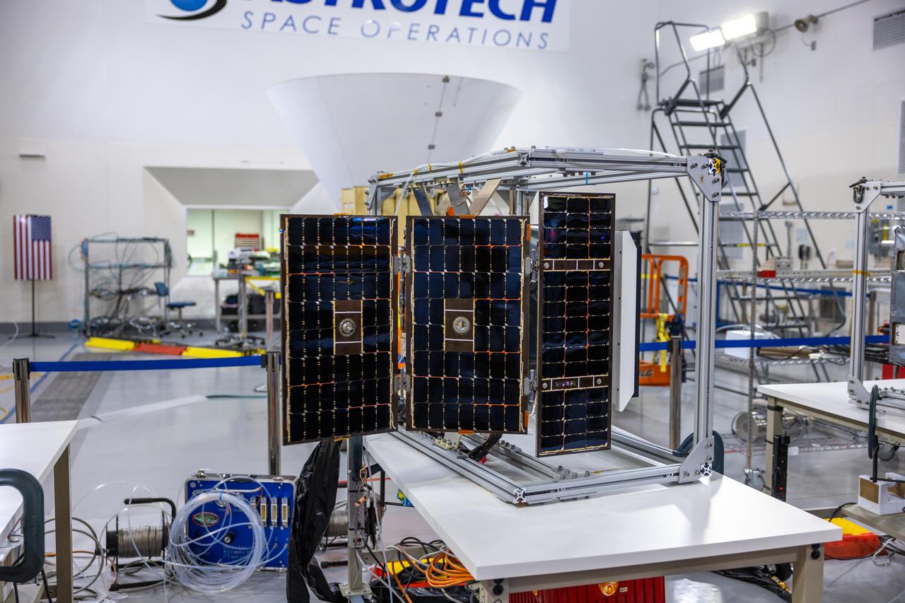 Crews conduct additional solar array deployment testing for NASA’s PUNCH (Polarimeter to Unify the Corona and Heliosphere) satellites at Astrotech Space Operations located on Vandenberg Space Force Base in California on Wednesday, Jan. 22, 2025. PUNCH, consisting of four satellites, will produce continuous 3D images of the solar wind and solar storms as it travels from the Sun to Earth to better understand how material in the corona accelerates. PUNCH, along with NASA’s SPHEREx (Spectro-Photometer for the History of the Universe, Epoch of Reionization and Ices Explorer), a space telescope, will launch aboard a SpaceX Falcon 9 rocket from Launch Complex 4E at Vandenberg Space Force Base in Central California on Thursday, Feb. 27, 2025.