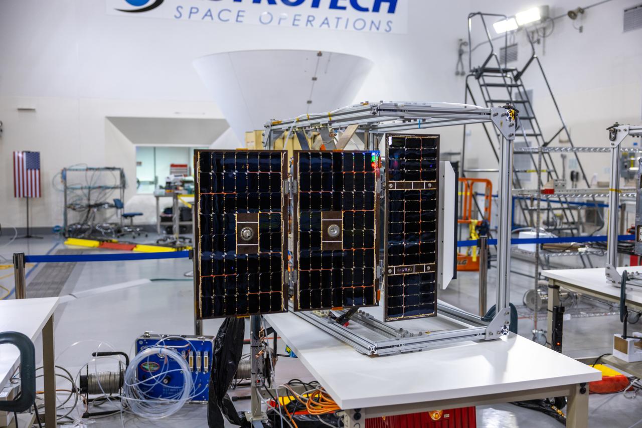 Crews conduct additional solar array deployment testing for NASA’s PUNCH (Polarimeter to Unify the Corona and Heliosphere) satellites at Astrotech Space Operations located on Vandenberg Space Force Base in California on Wednesday, Jan. 22, 2025. PUNCH, consisting of four satellites, will produce continuous 3D images of the solar wind and solar storms as it travels from the Sun to Earth to better understand how material in the corona accelerates. PUNCH, along with NASA’s SPHEREx (Spectro-Photometer for the History of the Universe, Epoch of Reionization and Ices Explorer), a space telescope, will launch aboard a SpaceX Falcon 9 rocket from Launch Complex 4E at Vandenberg Space Force Base in Central California on Thursday, Feb. 27, 2025.