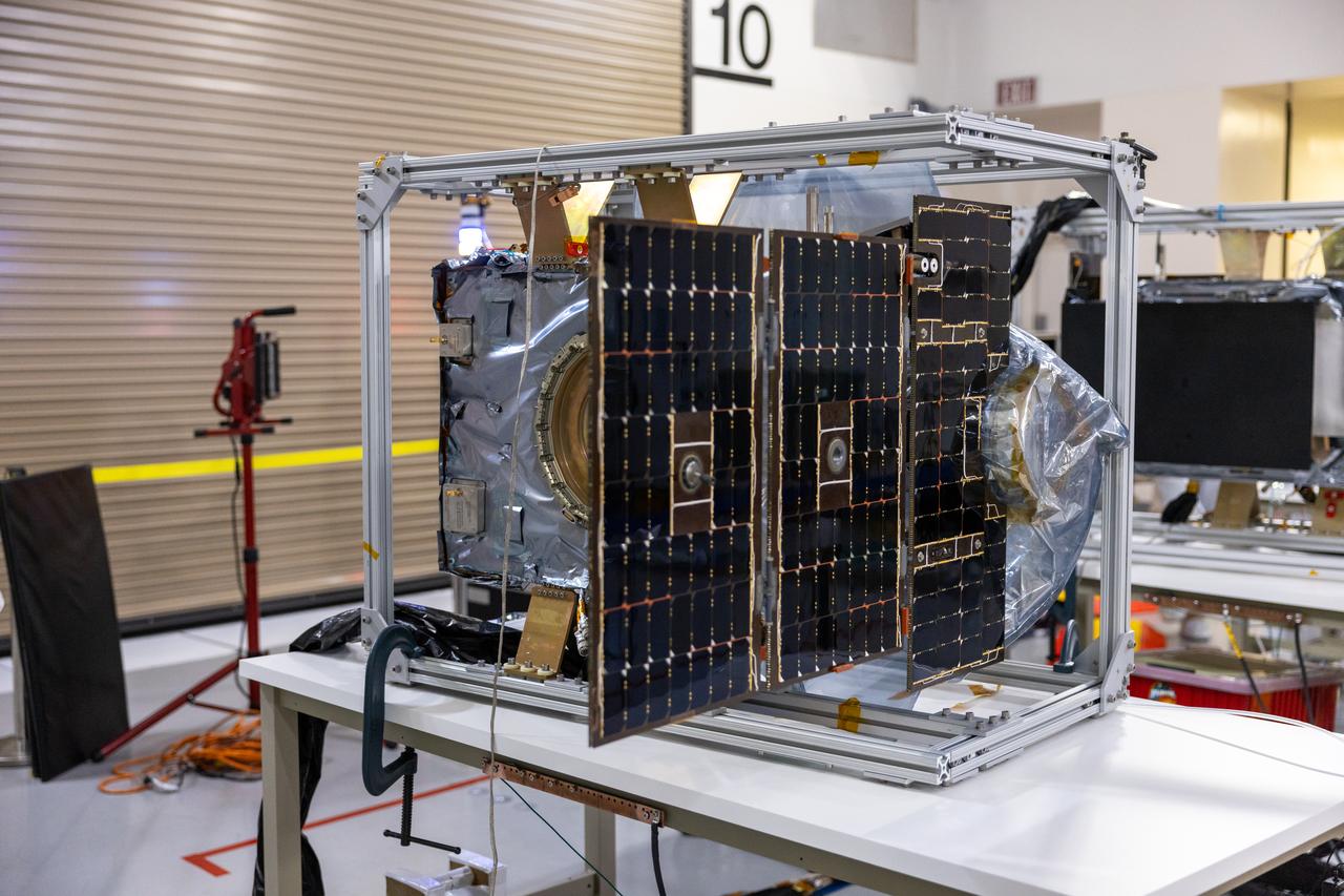 Crews conduct additional solar array deployment testing for NASA’s PUNCH (Polarimeter to Unify the Corona and Heliosphere) satellites at Astrotech Space Operations located on Vandenberg Space Force Base in California on Wednesday, Jan. 22, 2025. PUNCH, consisting of four satellites, will produce continuous 3D images of the solar wind and solar storms as it travels from the Sun to Earth to better understand how material in the corona accelerates. PUNCH, along with NASA’s SPHEREx (Spectro-Photometer for the History of the Universe, Epoch of Reionization and Ices Explorer), a space telescope, will launch aboard a SpaceX Falcon 9 rocket from Launch Complex 4E at Vandenberg Space Force Base in Central California on Thursday, Feb. 27, 2025.