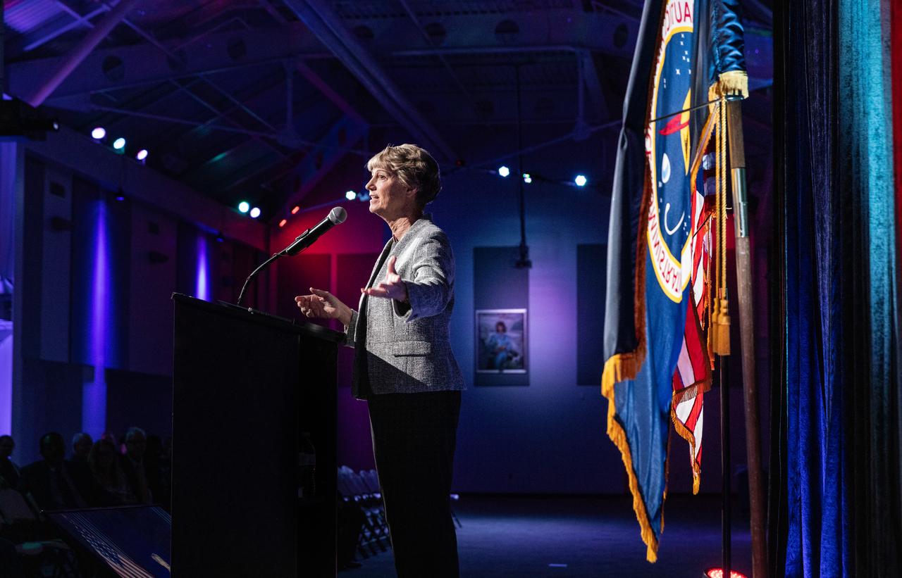 Retired NASA astronaut Eileen Collins speaks during NASA’s Day of Remembrance ceremony on Thursday, Jan. 23, 2025, inside the Center for Space Education at the Kennedy Space Center Visitor Complex in Florida. The annual event honors the crews of Apollo 1 and space shuttles Challenger and Columbia, as well as other astronauts who lost their lives in the pursuit of spaceflight. This year’s ceremony was hosted by the Astronauts Memorial Foundation, which was founded after the shuttle Challenger accident in 1986 to honor the sacrifices of fallen astronauts each year.