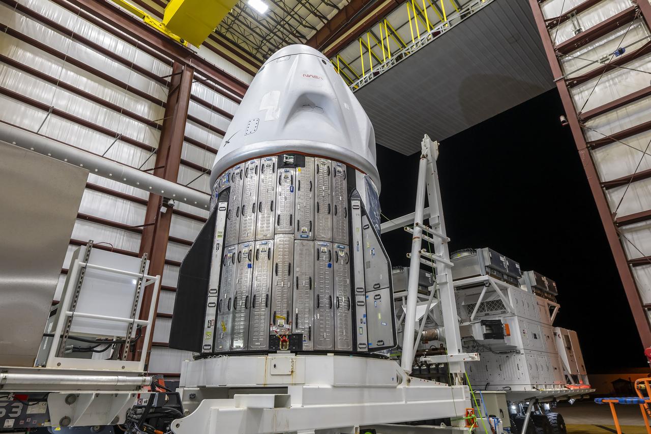 SpaceX’s Dragon spacecraft for NASA’s SpaceX Crew-10 mission arrives at the company’s hangar at Kennedy Space Center’s Launch Complex 39A in Florida on Tuesday, March 4, after a short journey from a nearby processing facility at Cape Canaveral Space Force Station. NASA astronauts Anne McClain and Nichole Ayers, along with JAXA (Japan Aerospace Exploration Agency) astronaut Takuya Onishi and Roscosmos cosmonaut Kirill Peskov are slated to launch to the International Space Station aboard SpaceX’s Dragon spacecraft, powered by the company’s Falcon 9 rocket no earlier than 7:48 p.m. EDT on Wednesday, March 12, 2025.