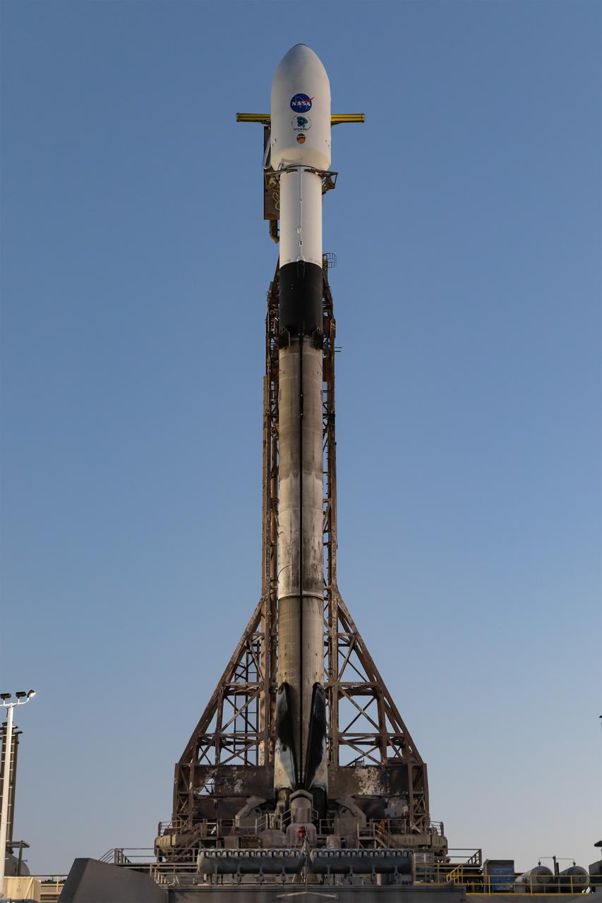 A SpaceX Falcon 9 rocket, carrying NASA’s SPHEREx (Spectro-Photometer for the History of the Universe, Epoch of Reionization and Ices Explorer) observatory and PUNCH (Polarimeter to Unify the Corona and Heliosphere) satellites, is vertical at Space Launch Complex 4 East from Vandenberg Space Force Base in California on Saturday March 8, 2025. SPHEREx will use its telescope to provide an all-sky spectral survey, creating a 3D map of the entire sky to help scientists investigate the origins of our universe. PUNCH will study origins of the Sun’s outflow of material, or the solar wind, capturing continuous 3D images of the Sun’s corona and the solar wind’s journey into the solar system. 