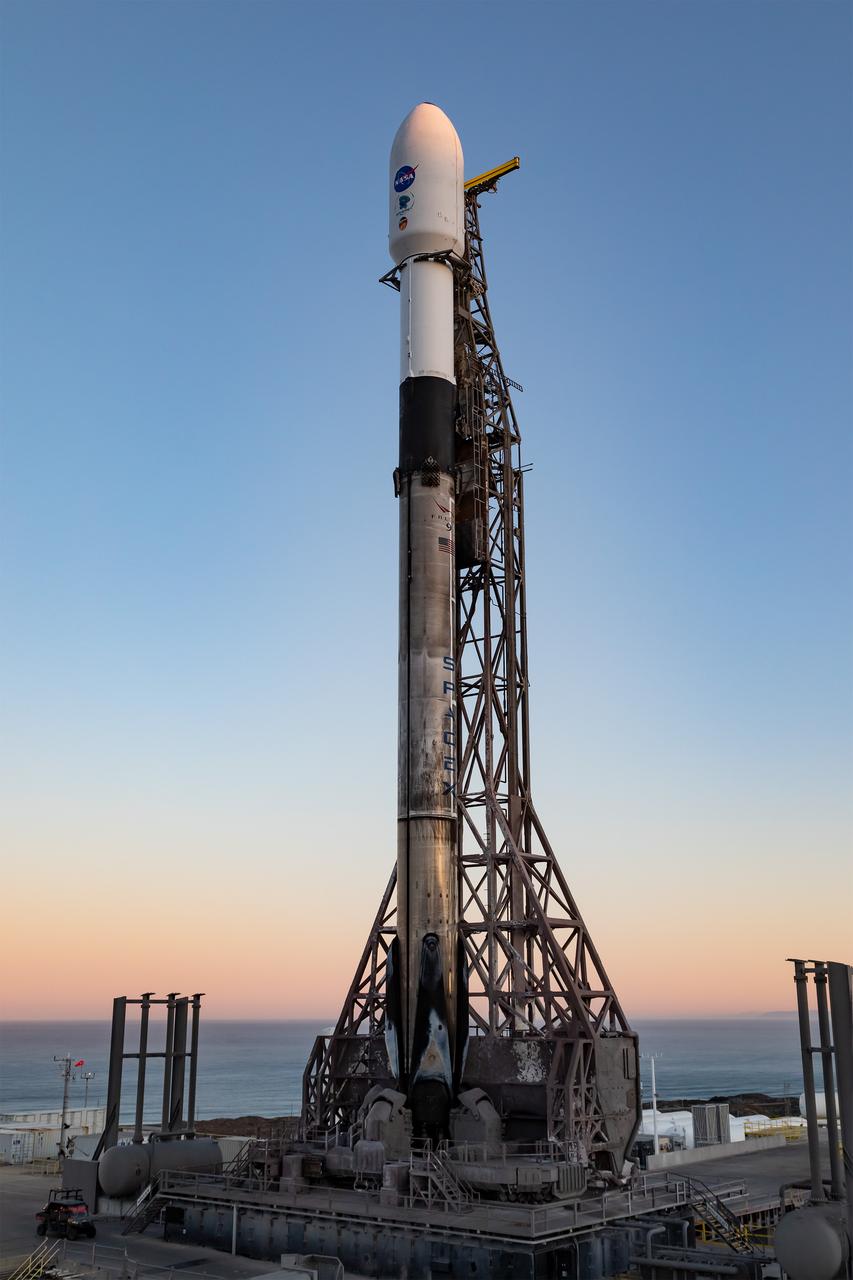 A SpaceX Falcon 9 rocket, carrying NASA’s SPHEREx (Spectro-Photometer for the History of the Universe, Epoch of Reionization and Ices Explorer) observatory and PUNCH (Polarimeter to Unify the Corona and Heliosphere) satellites, is vertical at Space Launch Complex 4 East from Vandenberg Space Force Base in California on Saturday March 8, 2025. SPHEREx will use its telescope to provide an all-sky spectral survey, creating a 3D map of the entire sky to help scientists investigate the origins of our universe. PUNCH will study origins of the Sun’s outflow of material, or the solar wind, capturing continuous 3D images of the Sun’s corona and the solar wind’s journey into the solar system. 