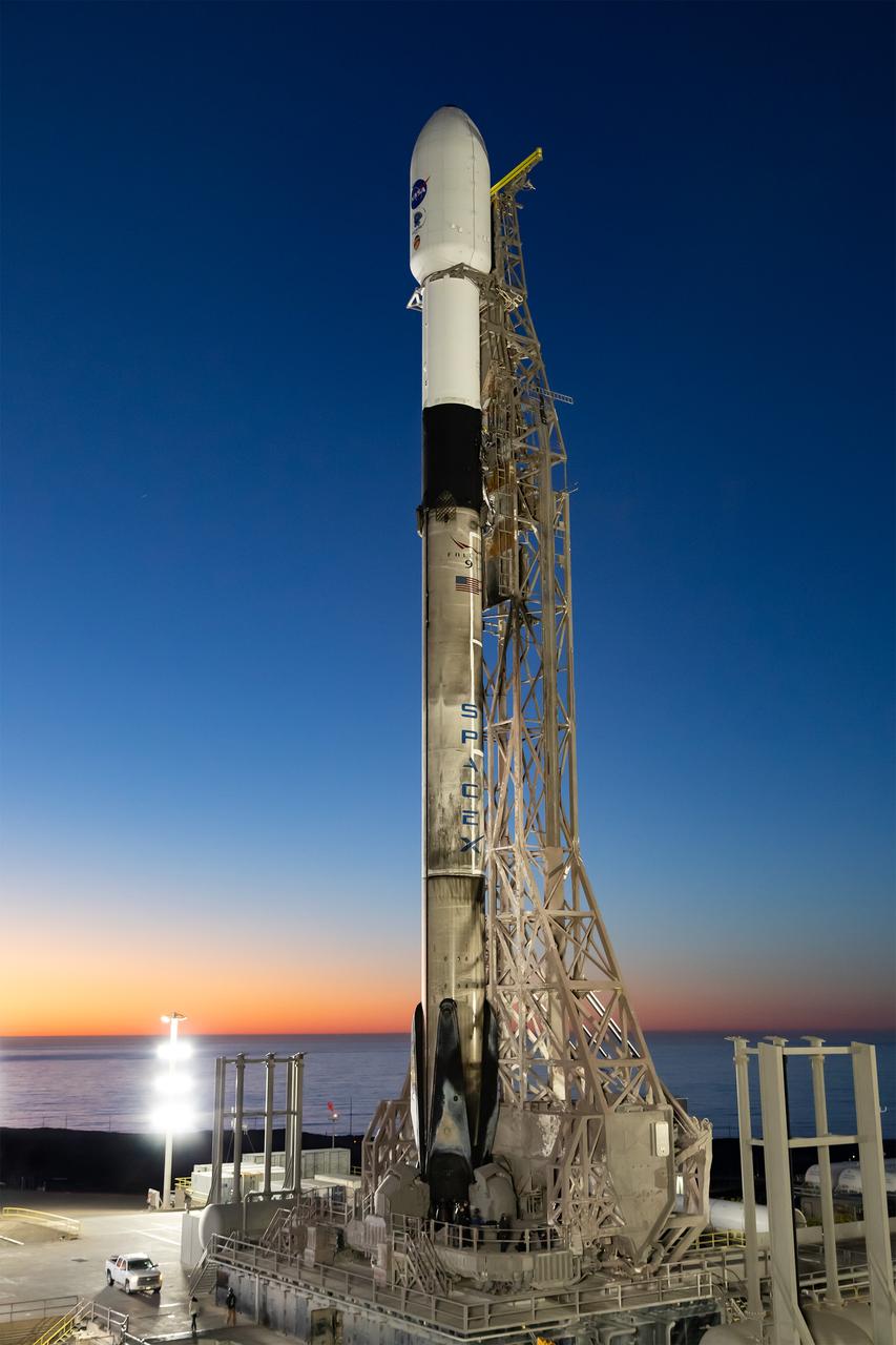 A SpaceX Falcon 9 rocket, carrying NASA’s SPHEREx (Spectro-Photometer for the History of the Universe, Epoch of Reionization and Ices Explorer) observatory and PUNCH (Polarimeter to Unify the Corona and Heliosphere) satellites, is vertical at Space Launch Complex 4 East from Vandenberg Space Force Base in California on Saturday, March 8, 2025. SPHEREx will use its telescope to provide an all-sky spectral survey, creating a 3D map of the entire sky to help scientists investigate the origins of our universe. PUNCH will study origins of the Sun’s outflow of material, or the solar wind, capturing continuous 3D images of the Sun’s corona and the solar wind’s journey into the solar system. 