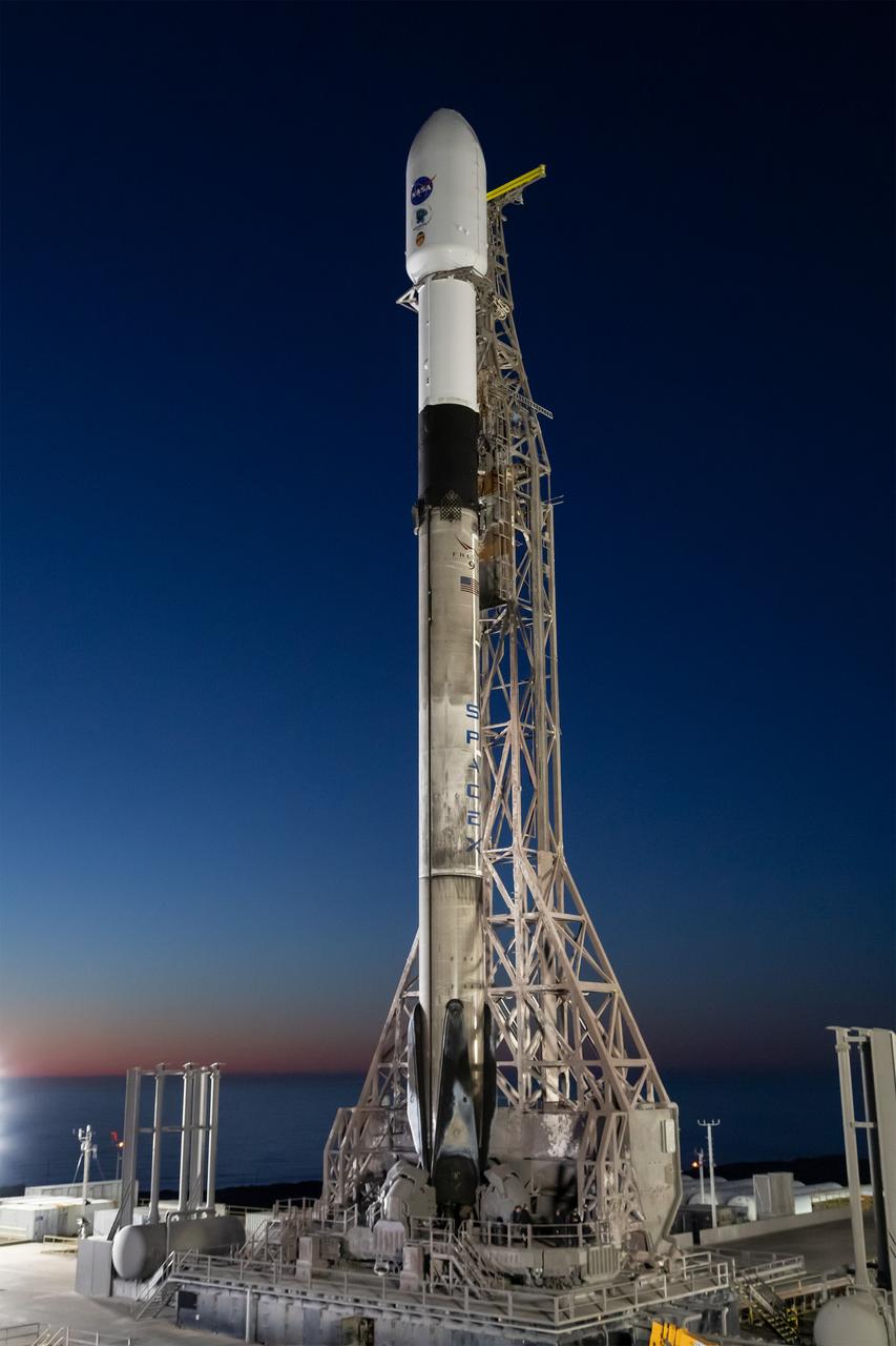 A SpaceX Falcon 9 rocket, carrying NASA’s SPHEREx (Spectro-Photometer for the History of the Universe, Epoch of Reionization and Ices Explorer) observatory and PUNCH (Polarimeter to Unify the Corona and Heliosphere) satellites, is vertical at Space Launch Complex 4 East from Vandenberg Space Force Base in California on Saturday, March 8, 2025. SPHEREx will use its telescope to provide an all-sky spectral survey, creating a 3D map of the entire sky to help scientists investigate the origins of our universe. PUNCH will study origins of the Sun’s outflow of material, or the solar wind, capturing continuous 3D images of the Sun’s corona and the solar wind’s journey into the solar system. 