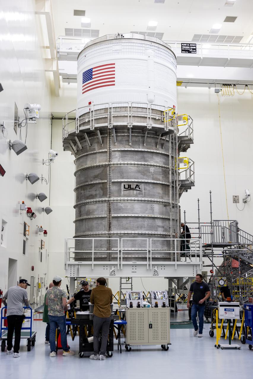 The upper stage for NASA’s SLS (Space Launch System) Moon rocket that will power the agency’s Artemis II mission and send astronauts around the Moon is shown inside the Multi-Payload Processing Facility at NASA’s Kennedy Space Center in Florida on Monday, March 10, 2025, after being transported from United Launch Alliance’s Delta Operations Center at nearby Cape Canaveral Space Force Station. The interim cryogenic propulsion stage is a liquid oxygen and liquid hydrogen-based system that will fire its RL10 engine to give the Orion spacecraft the big in-space push needed to fly around the Moon and back. 