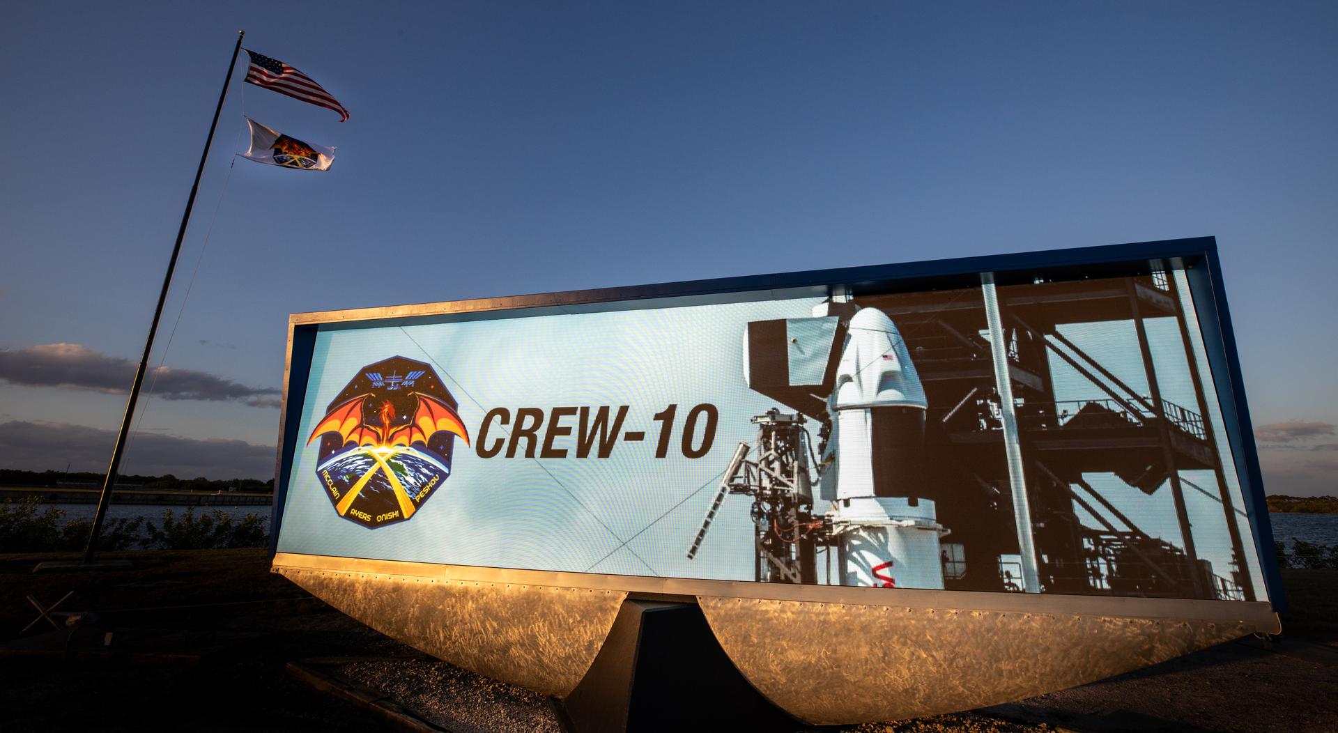 Image shows Crew-10 logo in countdown clock at NASA's Kennedy Space Center in Florida.