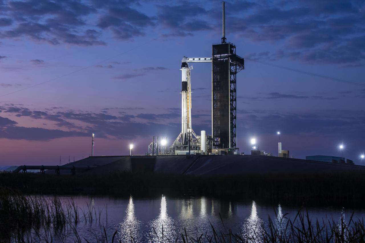 A SpaceX Falcon 9 rocket with the company’s Dragon spacecraft on top is seen during sunrise on the launch pad at Launch Complex 39A at NASA’s Kennedy Space Center in Florida on Tuesday, March 11, 2025, ahead of the agency’s SpaceX Crew-10 launch. Crew-10 is the 10th crew rotation mission with SpaceX to the International Space Station as part of the agency’s Commercial Crew Program, sending NASA astronauts Anne McClain and Nichole Ayers, along with JAXA (Japan Aerospace Exploration Agency) astronaut Takuya Onishi and Roscosmos cosmonaut Kirill Peskov to the orbiting laboratory for about a four-month science mission. Liftoff is targeted for 7:48 p.m. EDT on Wednesday, March 12, 2025.