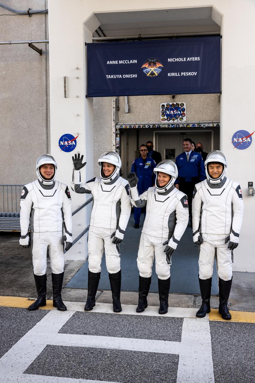 NASA’s SpaceX Crew-10 crew members wave to family and friends as they prepare to depart the Neil A. Armstrong Operations and Checkout Building at the agency’s Kennedy Space Center in Florida for nearby Launch Complex 39A for launch of Crew-10 on Wednesday, March 12, 2025. From left to right, Roscosmos cosmonaut Kirill Peskov, NASA astronauts Nichole Ayers and Anne McClain, along with JAXA (Japan Aerospace Exploration Agency) astronaut Takuya Onishi are scheduled to lift off aboard SpaceX’s Dragon spacecraft and Falcon 9 rocket at 7:48 p.m. EDT, from Launch Complex 39A at NASA Kennedy. Crew-10 is the tenth crew rotation mission with SpaceX to the space station as part of the agency’s Commercial Crew Program.