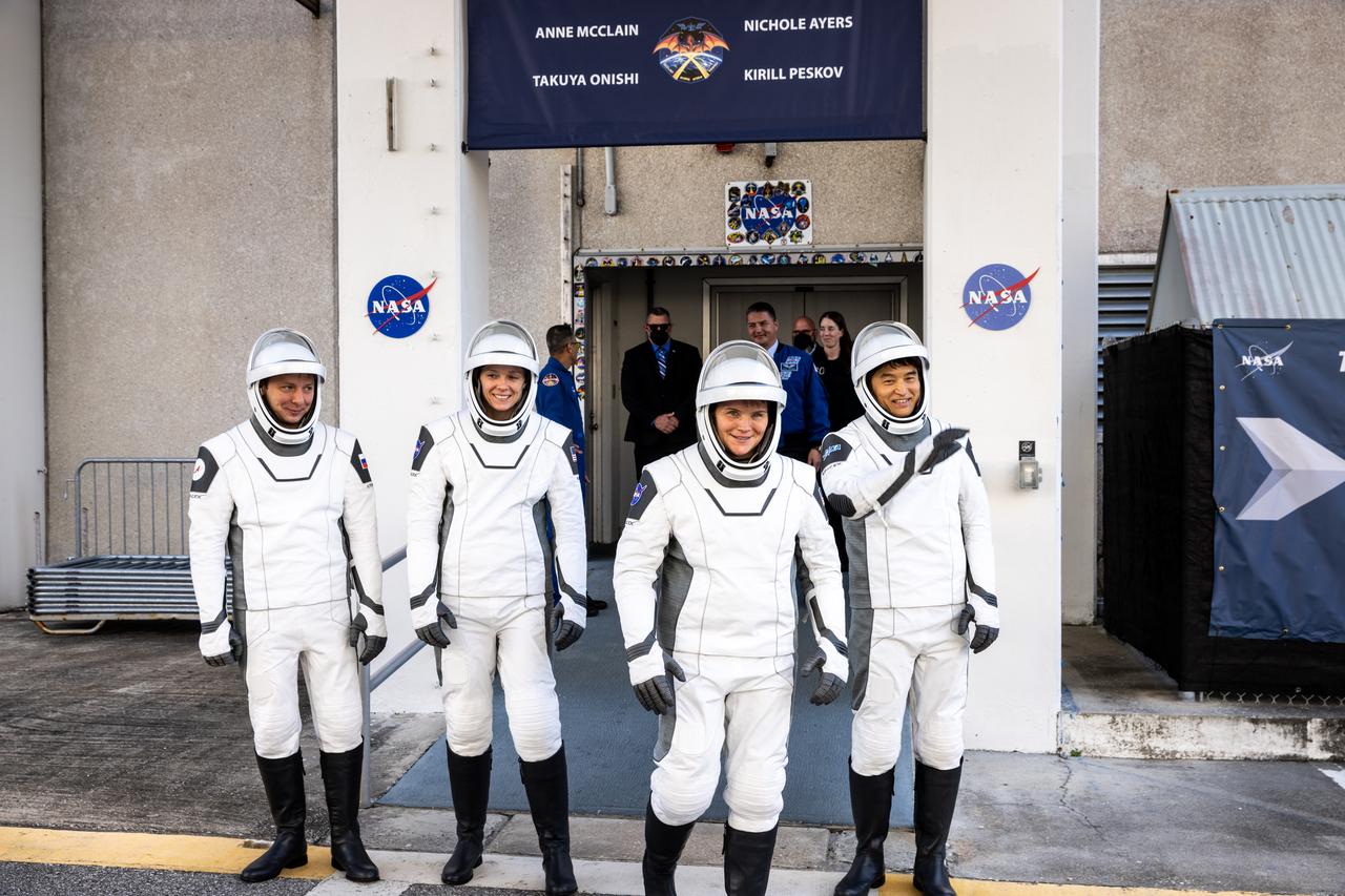 NASA’s SpaceX Crew-10 crew members wave to family and friends as they prepare to depart the Neil A. Armstrong Operations and Checkout Building at the agency’s Kennedy Space Center in Florida for nearby Launch Complex 39A for launch of Crew-10 on Wednesday, March 12, 2025. From left to right, Roscosmos cosmonaut Kirill Peskov, NASA astronauts Nichole Ayers and Anne McClain, along with JAXA (Japan Aerospace Exploration Agency) astronaut Takuya Onishi are scheduled to lift off aboard SpaceX’s Dragon spacecraft and Falcon 9 rocket at 7:48 p.m. EDT, from Launch Complex 39A at NASA Kennedy. Crew-10 is the tenth crew rotation mission with SpaceX to the space station as part of the agency’s Commercial Crew Program.