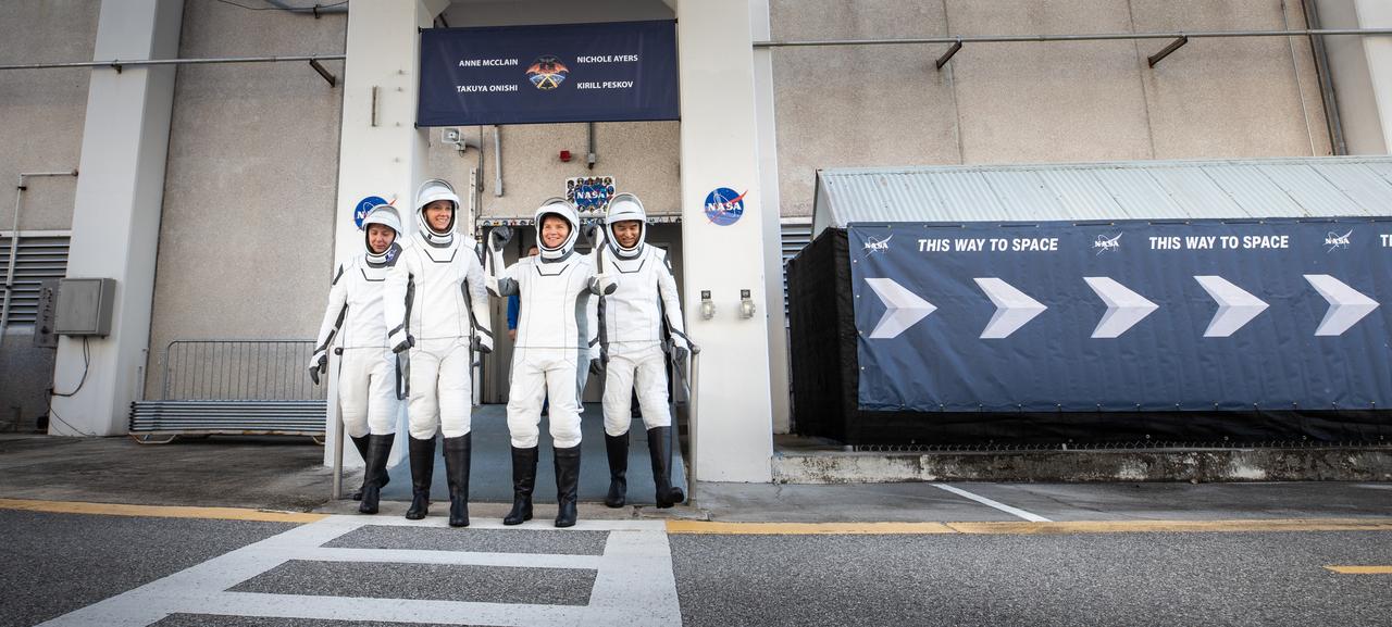 NASA’s SpaceX Crew-10 crew members wave to family and friends as they prepare to depart the Neil A. Armstrong Operations and Checkout Building at the agency’s Kennedy Space Center in Florida for nearby Launch Complex 39A for launch of Crew-10 on Wednesday, March 12, 2025. From left to right, Roscosmos cosmonaut Kirill Peskov, NASA astronauts Nichole Ayers and Anne McClain, along with JAXA (Japan Aerospace Exploration Agency) astronaut Takuya Onishi are scheduled to lift off aboard SpaceX’s Dragon spacecraft and Falcon 9 rocket at 7:48 p.m. EDT, from Launch Complex 39A at NASA Kennedy. Crew-10 is the tenth crew rotation mission with SpaceX to the space station as part of the agency’s Commercial Crew Program.