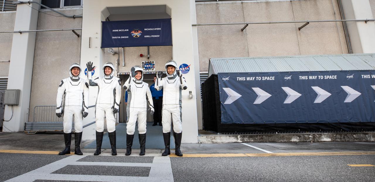 NASA’s SpaceX Crew-10 crew members wave to family and friends as they prepare to depart the Neil A. Armstrong Operations and Checkout Building at the agency’s Kennedy Space Center in Florida for nearby Launch Complex 39A for launch of Crew-10 on Wednesday, March 12, 2025. From left to right, Roscosmos cosmonaut Kirill Peskov, NASA astronauts Nichole Ayers and Anne McClain, along with JAXA (Japan Aerospace Exploration Agency) astronaut Takuya Onishi are scheduled to lift off aboard SpaceX’s Dragon spacecraft and Falcon 9 rocket at 7:48 p.m. EDT, from Launch Complex 39A at NASA Kennedy. Crew-10 is the tenth crew rotation mission with SpaceX to the space station as part of the agency’s Commercial Crew Program.