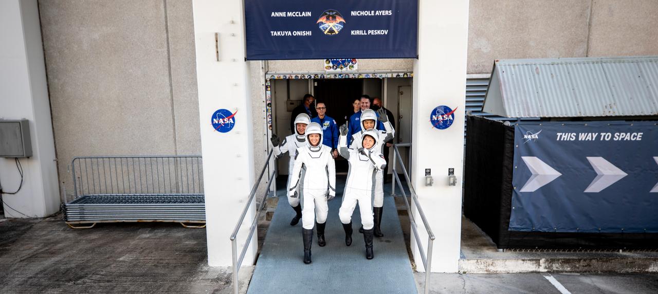 NASA’s SpaceX Crew-10 crew members walk out of the Neil A. Armstrong Operations and Checkout Building at the agency’s Kennedy Space Center in Florida ahead of launch on Wednesday, March 12, 2025. NASA astronauts Nichole Ayers (front, left) and Anne McClain (front, right), along with Roscosmos cosmonaut Kirill Peskov (second row, left), and JAXA (Japan Aerospace Exploration Agency) astronaut Takuya Onishi (second row, right) are scheduled to lift off aboard SpaceX’s Dragon spacecraft and Falcon 9 rocket at 7:48 p.m. EDT, from Launch Complex 39A at NASA Kennedy. Crew-10 is the tenth crew rotation mission with SpaceX to the space station as part of the agency’s Commercial Crew Program.