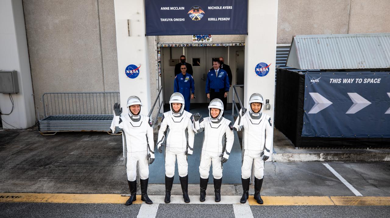 NASA’s SpaceX Crew-10 crew members wave to family and friends as they prepare to depart the Neil A. Armstrong Operations and Checkout Building at the agency’s Kennedy Space Center in Florida for nearby Launch Complex 39A for launch of Crew-10 on Wednesday, March 12, 2025. From left to right, Roscosmos cosmonaut Kirill Peskov, NASA astronauts Nichole Ayers and Anne McClain, along with JAXA (Japan Aerospace Exploration Agency) astronaut Takuya Onishi are scheduled to lift off aboard SpaceX’s Dragon spacecraft and Falcon 9 rocket at 7:48 p.m. EDT. Crew-10 is the 10th crew rotation mission with SpaceX to the space station as part of the agency’s Commercial Crew Program.