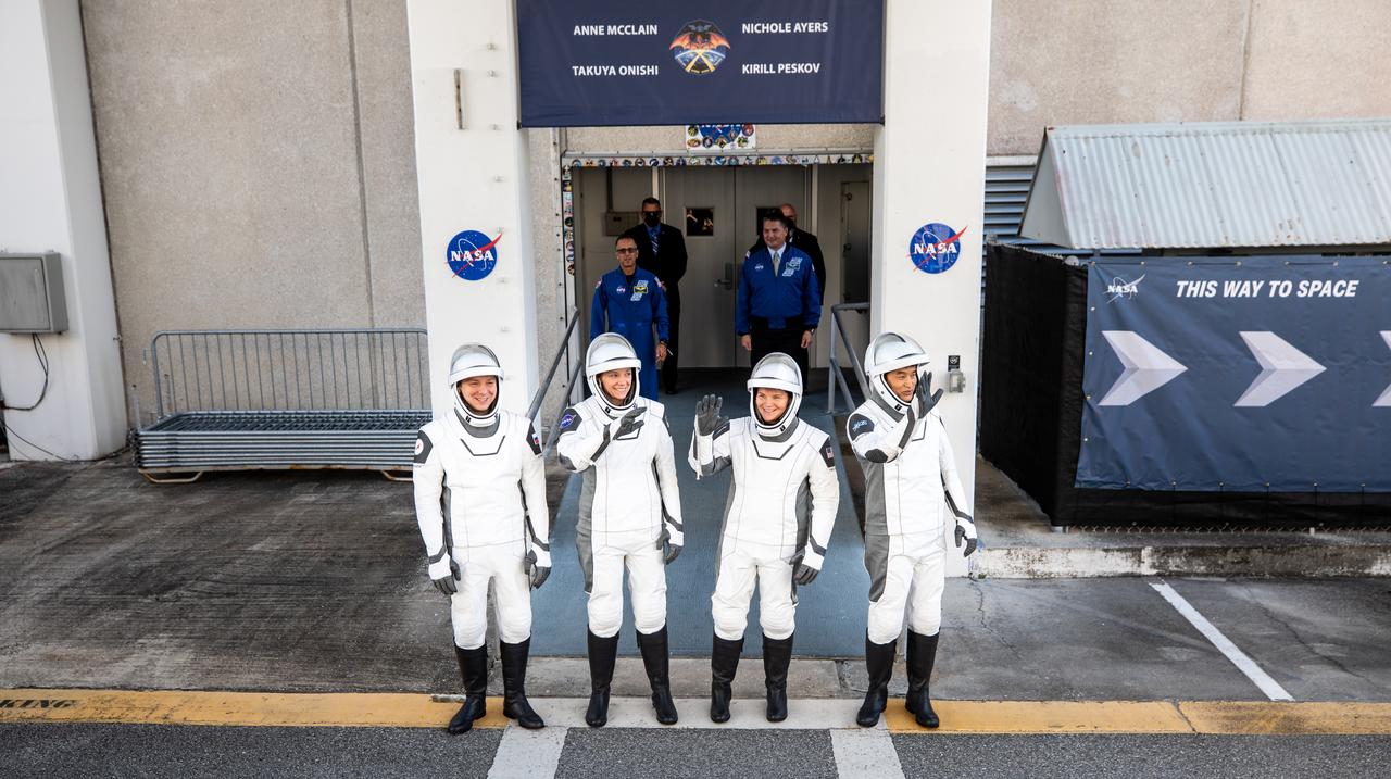 NASA’s SpaceX Crew-10 crew members wave to family and friends as they prepare to depart the Neil A. Armstrong Operations and Checkout Building at the agency’s Kennedy Space Center in Florida for nearby Launch Complex 39A for launch of Crew-10 on Wednesday, March 12, 2025. From left to right, Roscosmos cosmonaut Kirill Peskov, NASA astronauts Nichole Ayers and Anne McClain, along with JAXA (Japan Aerospace Exploration Agency) astronaut Takuya Onishi are scheduled to lift off aboard SpaceX’s Dragon spacecraft and Falcon 9 rocket at 7:48 p.m. EDT. Crew-10 is the 10th crew rotation mission with SpaceX to the space station as part of the agency’s Commercial Crew Program.