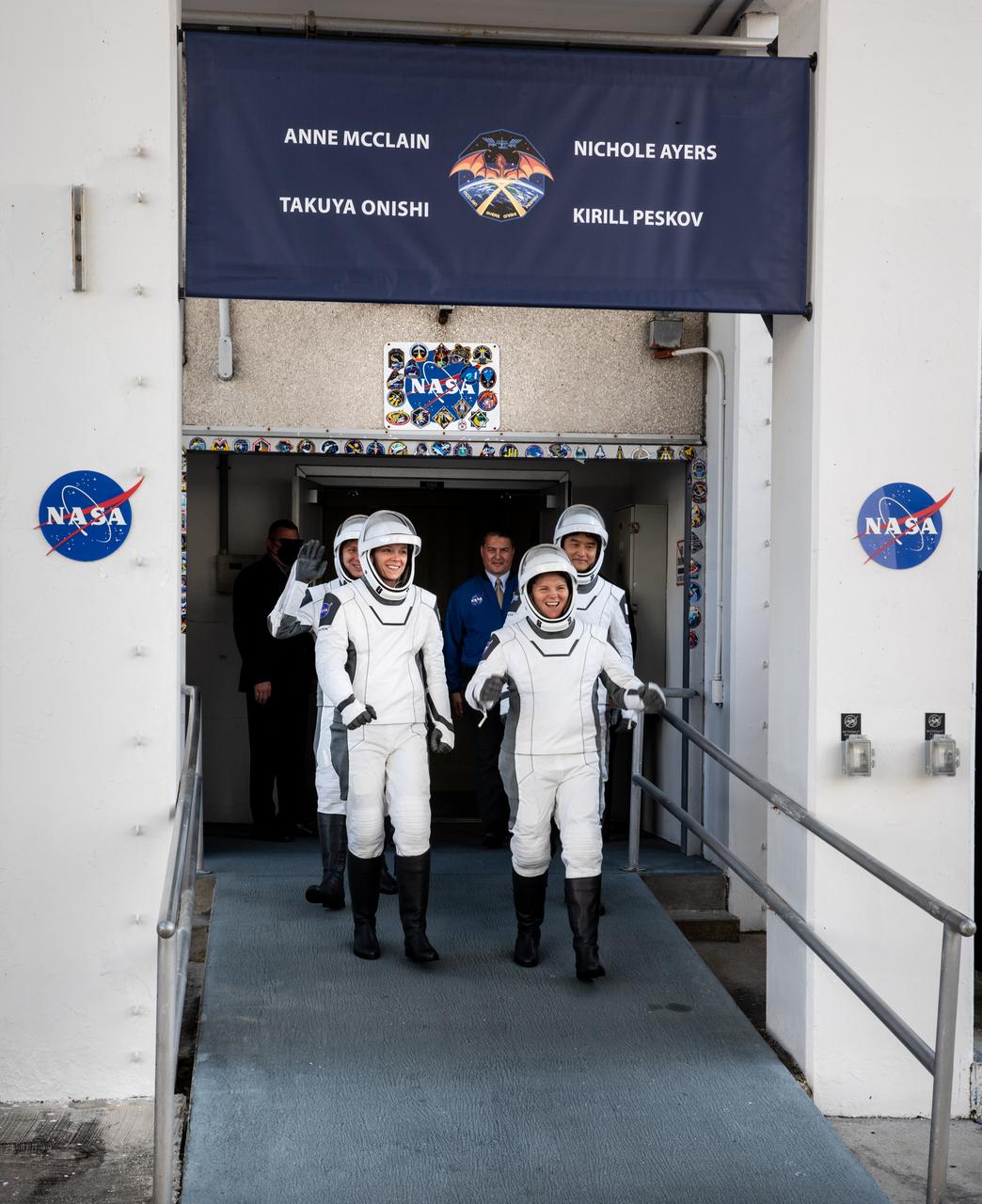 NASA’s SpaceX Crew-10 crew members walk out of the Neil A. Armstrong Operations and Checkout Building at the agency’s Kennedy Space Center in Florida ahead of launch on Friday, March 14, 2025. NASA astronauts Nichole Ayers (front, left) and Anne McClain (front, right), along with Roscosmos cosmonaut Kirill Peskov (second row, left), and JAXA (Japan Aerospace Exploration Agency) astronaut Takuya Onishi (second row, right) are scheduled to lift off aboard SpaceX’s Dragon spacecraft and Falcon 9 rocket at 7:03 p.m. EDT, from Launch Complex 39A at NASA Kennedy. Crew-10 is the tenth crew rotation mission with SpaceX to the space station as part of the agency’s Commercial Crew Program.