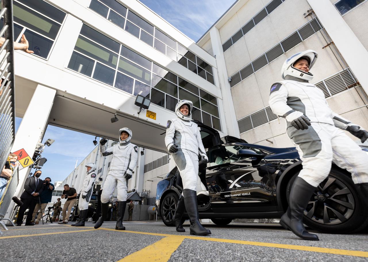 NASA’s SpaceX Crew-10 crew members pose for a photo after walking out of the Neil A. Armstrong Operations and Checkout Building at the agency’s Kennedy Space Center in Florida ahead of launch of the Crew-10 mission on Friday, March 14, 2025. From left to right, Roscosmos cosmonaut Kirill Peskov, NASA astronauts Anne McClain and Nichole Ayers, along with JAXA (Japan Aerospace Exploration Agency) astronaut Takuya Onishi are scheduled to lift off aboard SpaceX’s Dragon spacecraft and Falcon 9 rocket at 7:03 p.m. EDT, from Launch Complex 39A at NASA Kennedy. Crew-10 is the 10th crew rotation mission with SpaceX to the space station as part of the agency’s Commercial Crew Program