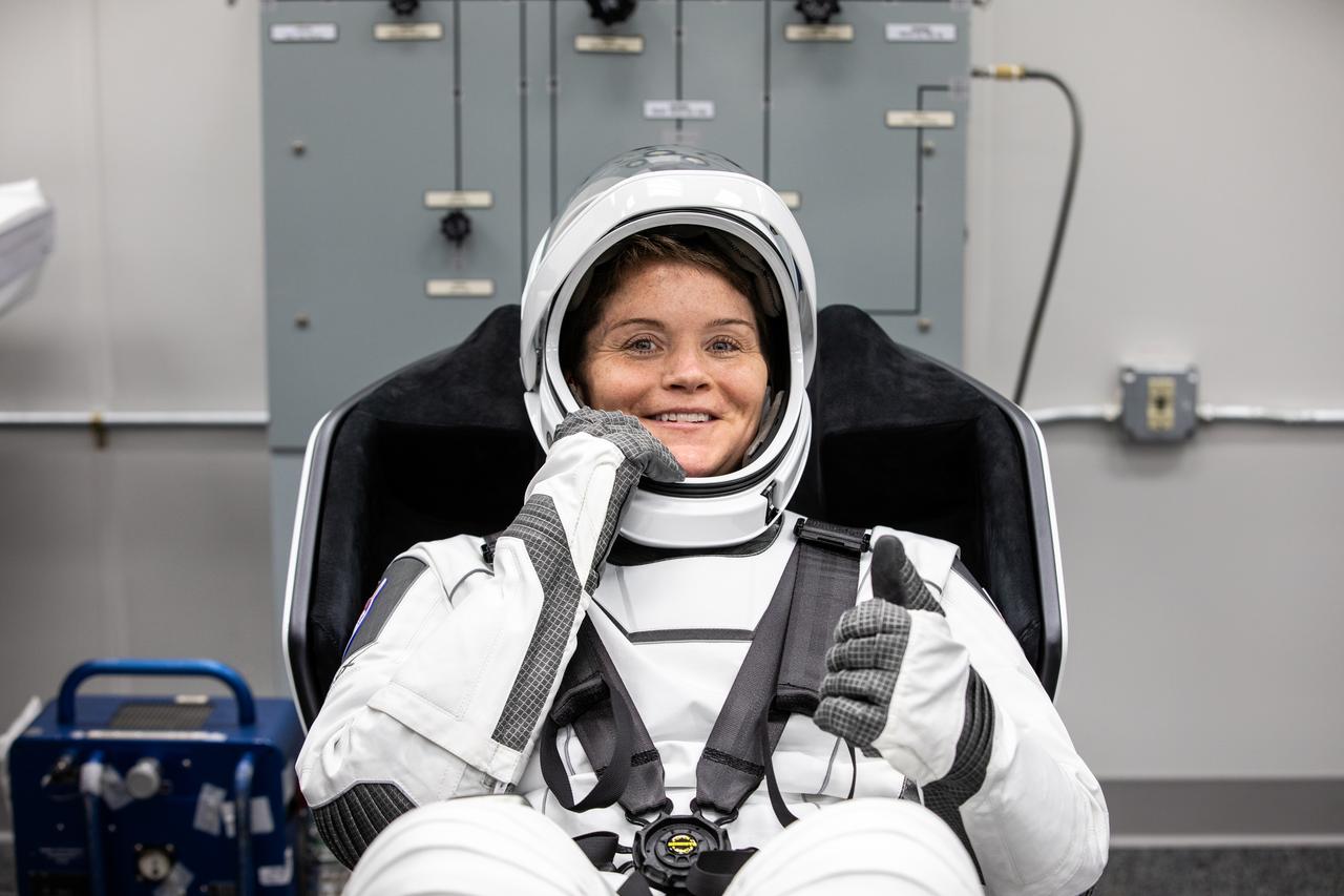 NASA astronaut Anne McClain is photographed in her SpaceX spacesuit inside the crew suit-up room in the Neil A. Armstrong Operations and Checkout Building at the agency’s Kennedy Space Center in Florida ahead of launch of NASA’s SpaceX Crew-10 mission on Friday, March 14, 2025. McClain and fellow NASA astronaut Nichole Ayers, along with JAXA (Japan Aerospace Exploration Agency) astronaut Takuya Onishi and Roscosmos cosmonaut Kirill Peskov are scheduled to lift off aboard SpaceX’s Dragon spacecraft and Falcon 9 rocket at 7:03 p.m. EDT, from Launch Complex 39A at NASA Kennedy. Crew-10 is the 10th crew rotation mission with SpaceX to the space station as part of the agency’s Commercial Crew Program