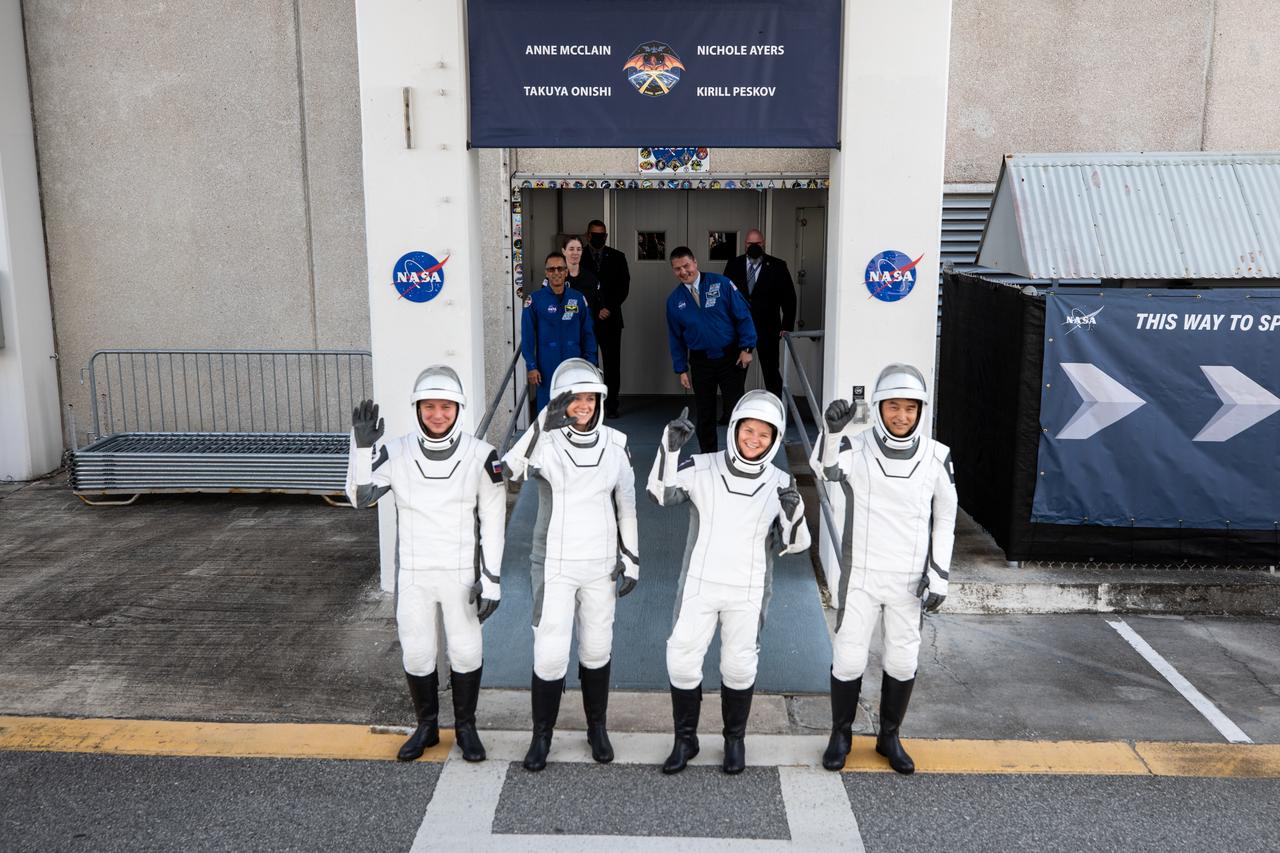 NASA’s SpaceX Crew-10 crew members pose for a photo after walking out of the Neil A. Armstrong Operations and Checkout Building at the agency’s Kennedy Space Center in Florida ahead of launch of the Crew-10 mission on Friday, March 14, 2025. From left to right, Roscosmos cosmonaut Kirill Peskov, NASA astronauts Anne McClain and Nichole Ayers, along with JAXA (Japan Aerospace Exploration Agency) astronaut Takuya Onishi are scheduled to lift off aboard SpaceX’s Dragon spacecraft and Falcon 9 rocket at 7:03 p.m. EDT, from Launch Complex 39A at NASA Kennedy. Crew-10 is the 10th crew rotation mission with SpaceX to the space station as part of the agency’s Commercial Crew Program.